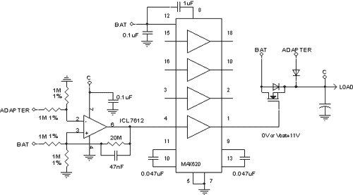 При осуществлении переключения питания системы между батареей и внешним источником энергии эта схема имеет более высокий КПД, чем схема сдиодами, включенными по схеме ИЛИ. Наличие источника повышенного напряжения экономит энергию батареи, поскольку позволяет использовать n-канальный МОП-транзистор, имеющий низкое сопротивление во включенном состоянии