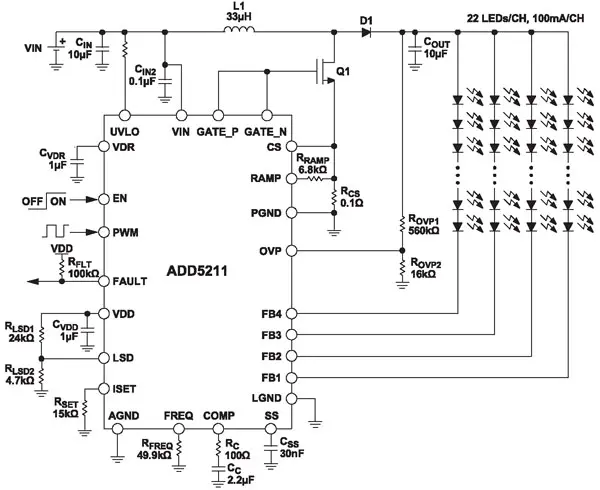 Схема драйвера 88 светодиодов на основе ИМС ADD5211