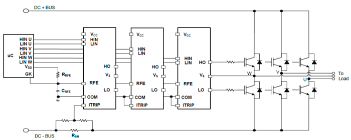 Типовое применение драйвера IRS2890DS c одним токовым шунтом в схеме трёхфазного инвертора
