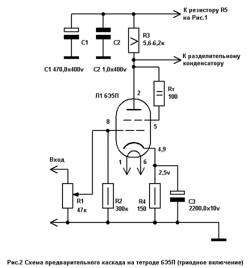 Схема предварительного каскада на тетроде 6Э5П (триодное включение)