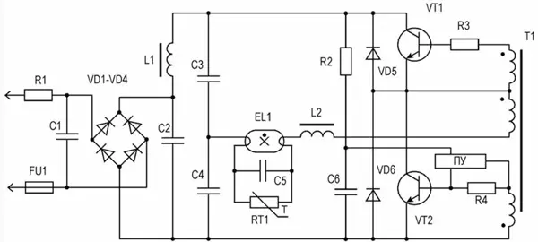 Типовая схема электронного балласта на биполярных транзисторах 