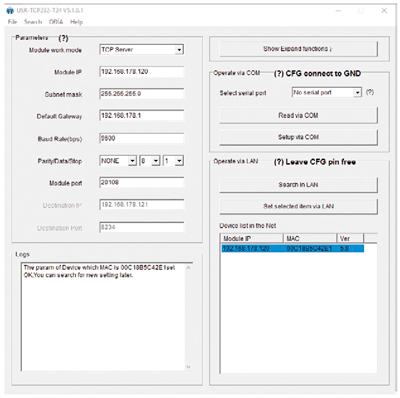Screen dump of the ‘USR-TCP232-T24 V5.1.0.1.exe’ program, with the settings shown that are used to configure the module
