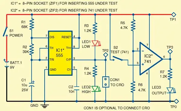 Circuit diagram of 555 and 741 ICs tester