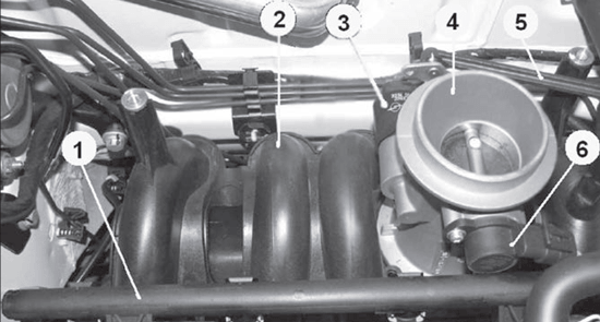Место расположения датчика положения дроссельной заслонки и РХХ на дроссельном патрубке двигателя К7М