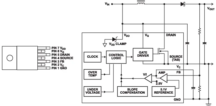 Блок-схема и схема расположения выводов DC/DC-преобразователя HIP5071