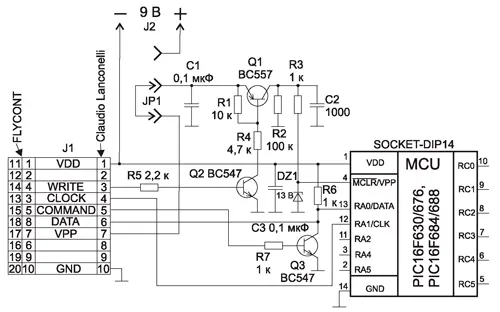 Принципиальная схема адаптера микроконтроллеров PIC16F630/676/684/688 для PonyProg 2000