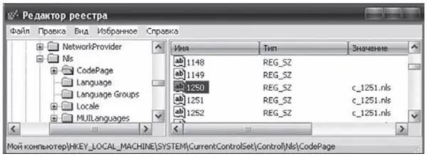 Окно редактора реестра regedit.exe с открытой папкой кодовых страниц (CodePage)