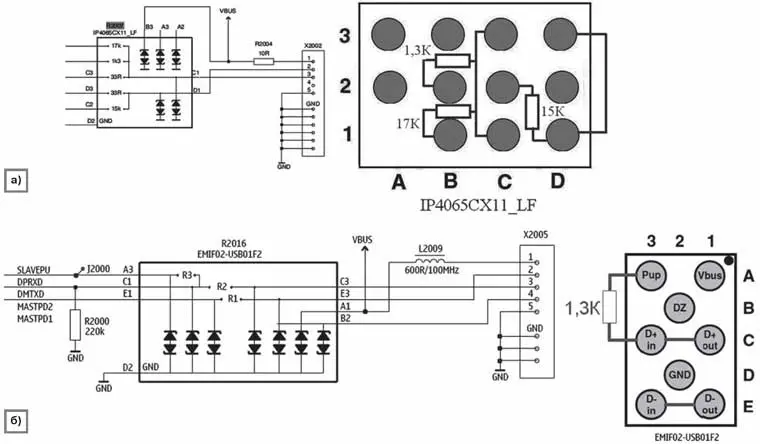 Схемы включения ЭМИ фильтров и варианты их замены: а - IP4065CX11_LF, б - EMIF02-USB1F2