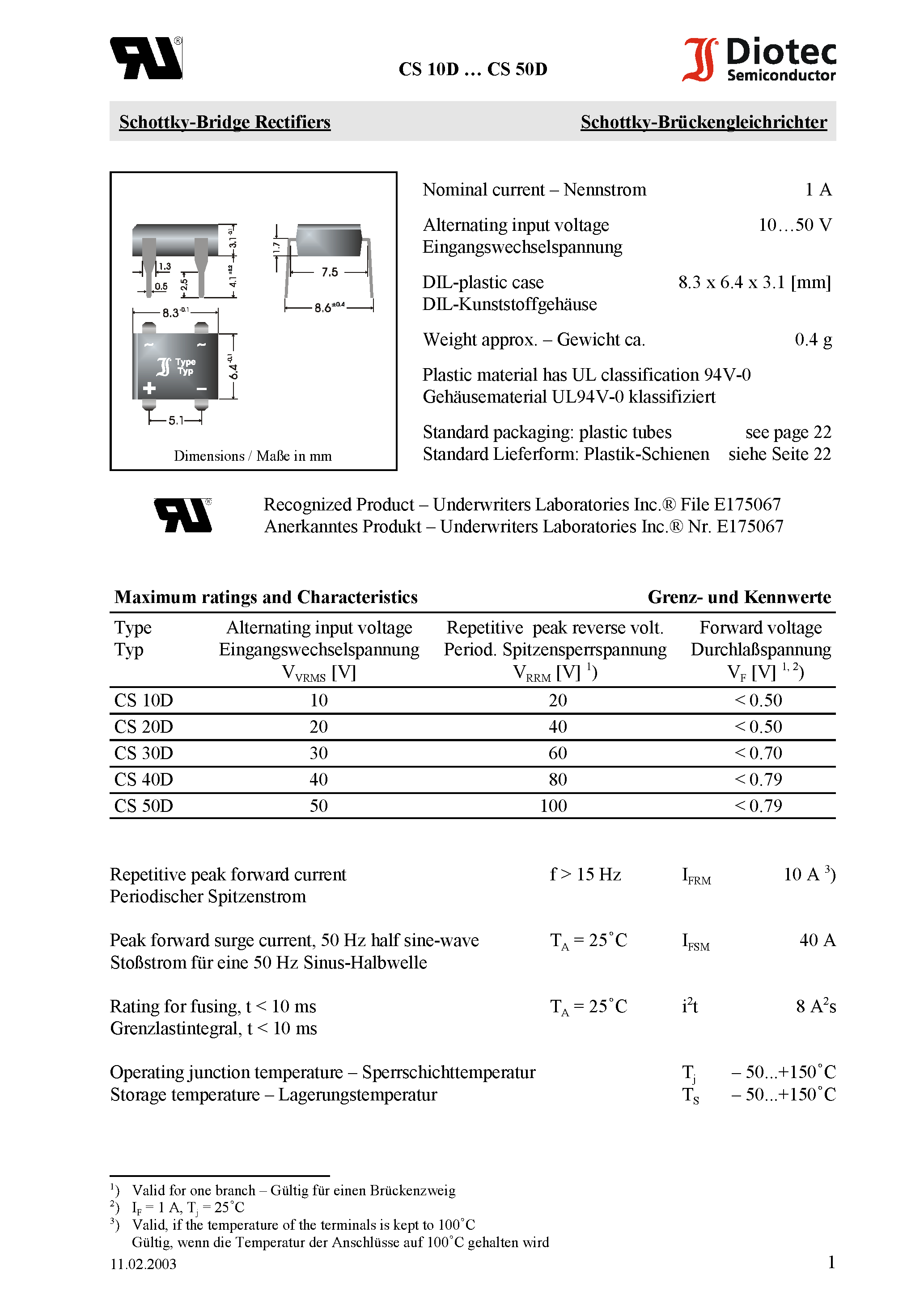 Datasheet CS20D - Schottky-Bridge Rectifiers page 1
