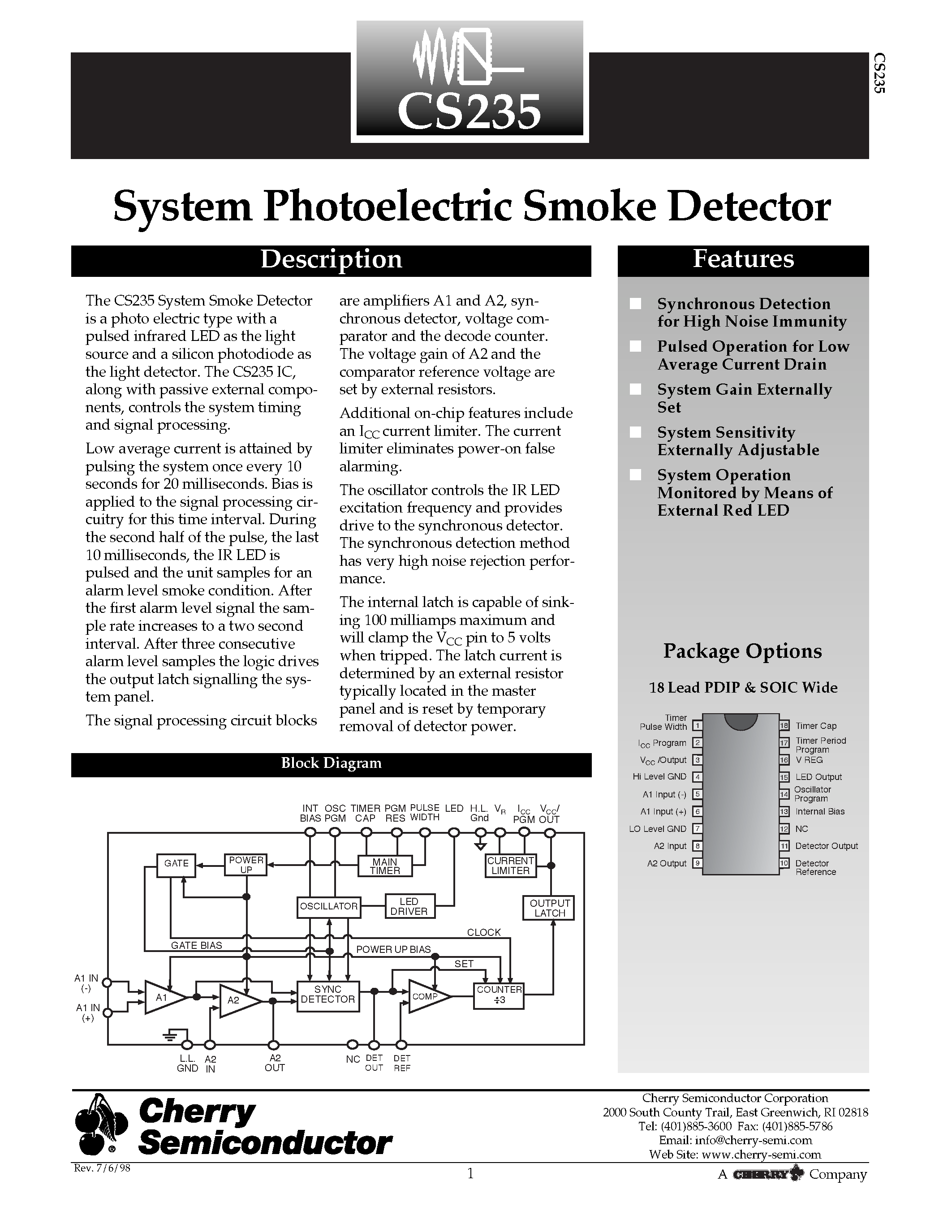 Datasheet CS235GDWR18 - System Photoelectric Smoke Detector page 1