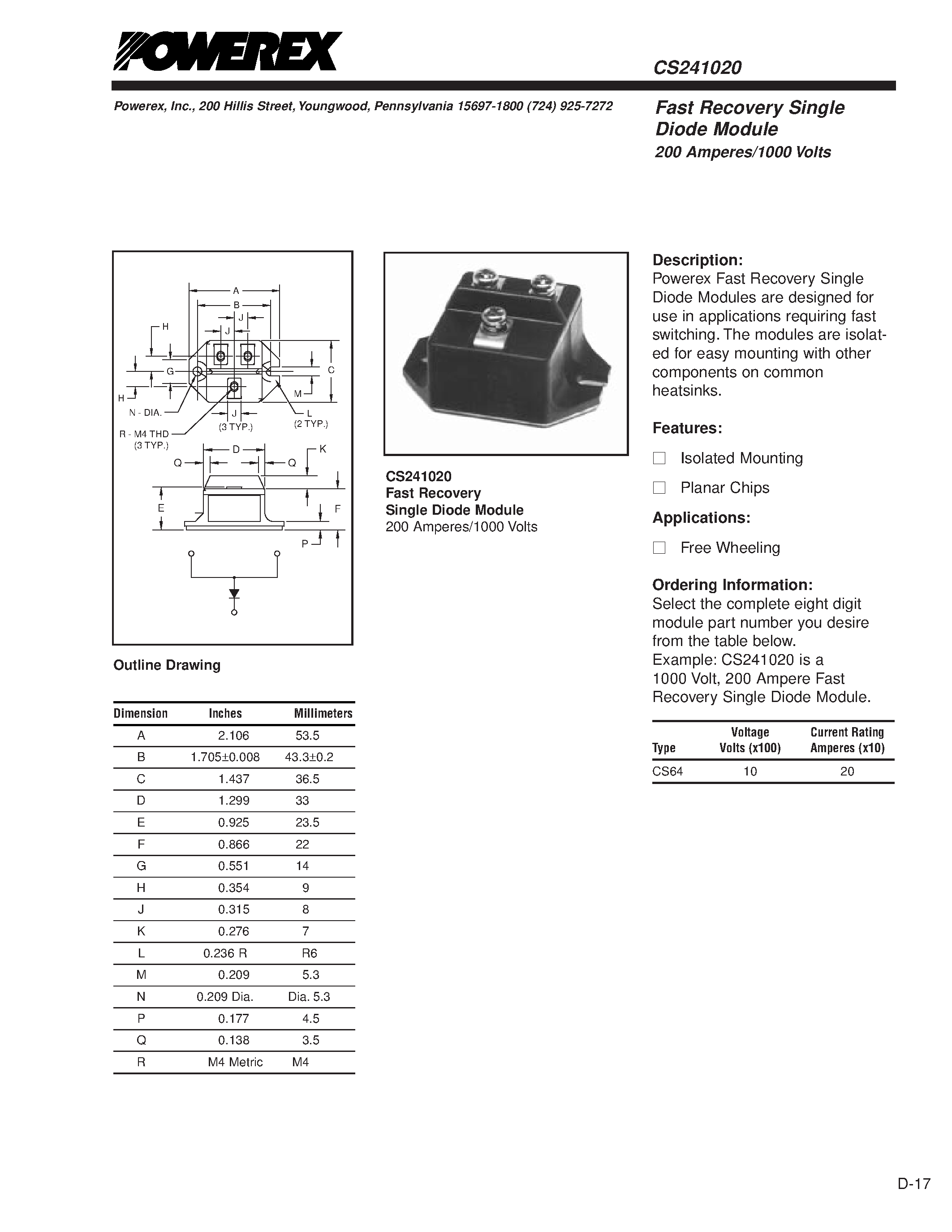 Datasheet CS241020 - Fast Recovery Single Diode Module 200 Amperes/1000 Volts page 1