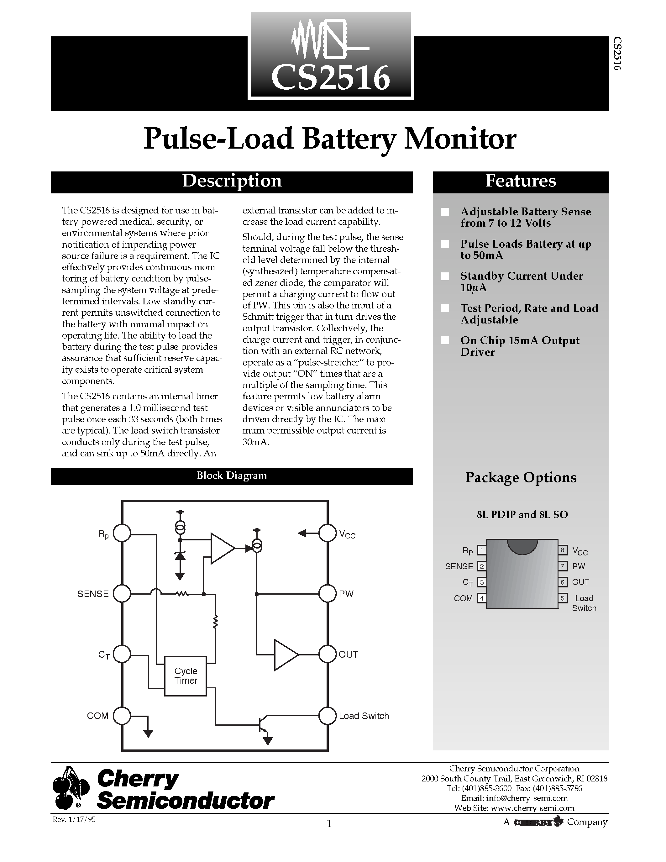 Datasheet CS2516 - Pulse-Load Battery Monitor page 1