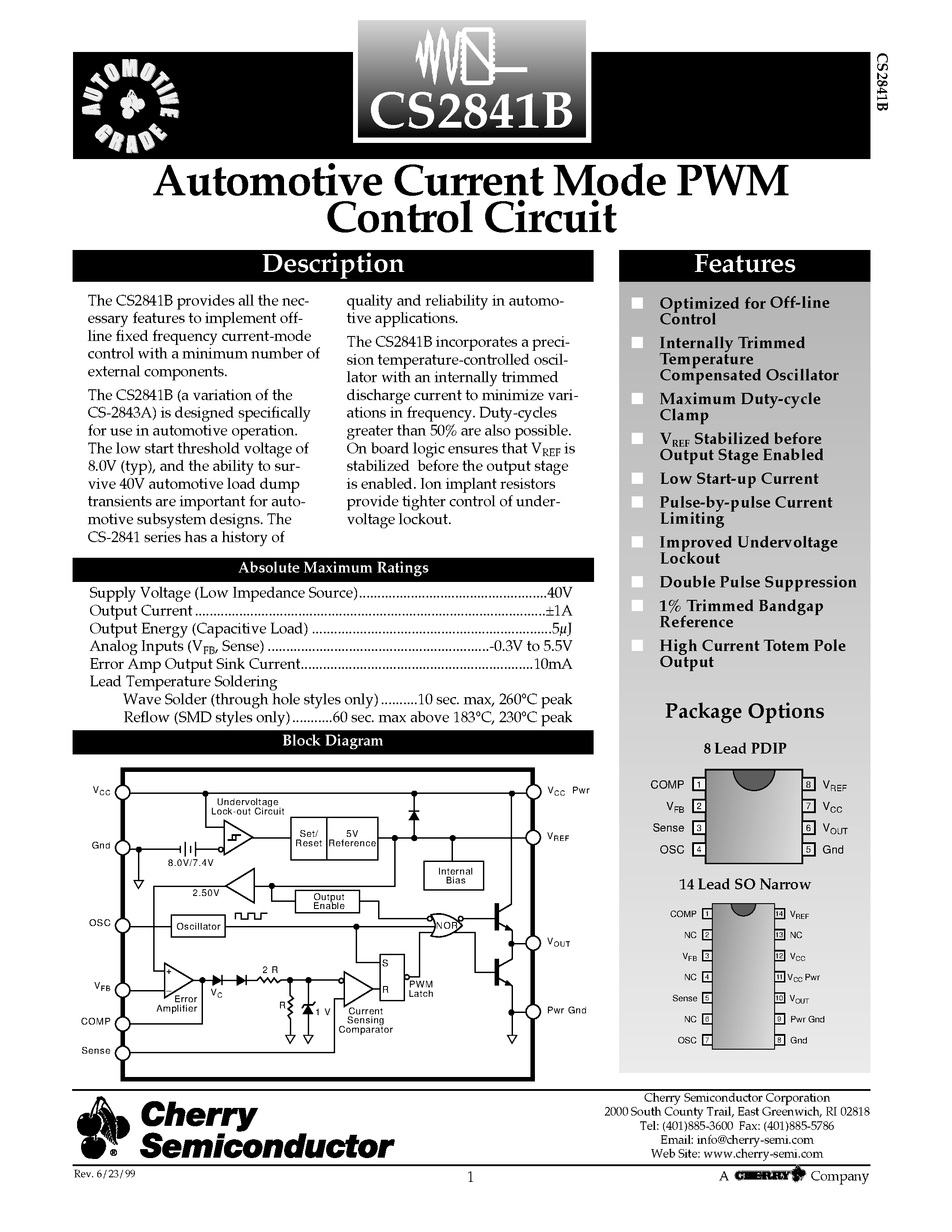 Даташит CS2841B - Automotive Current Mode PWM Control Circuit страница 1