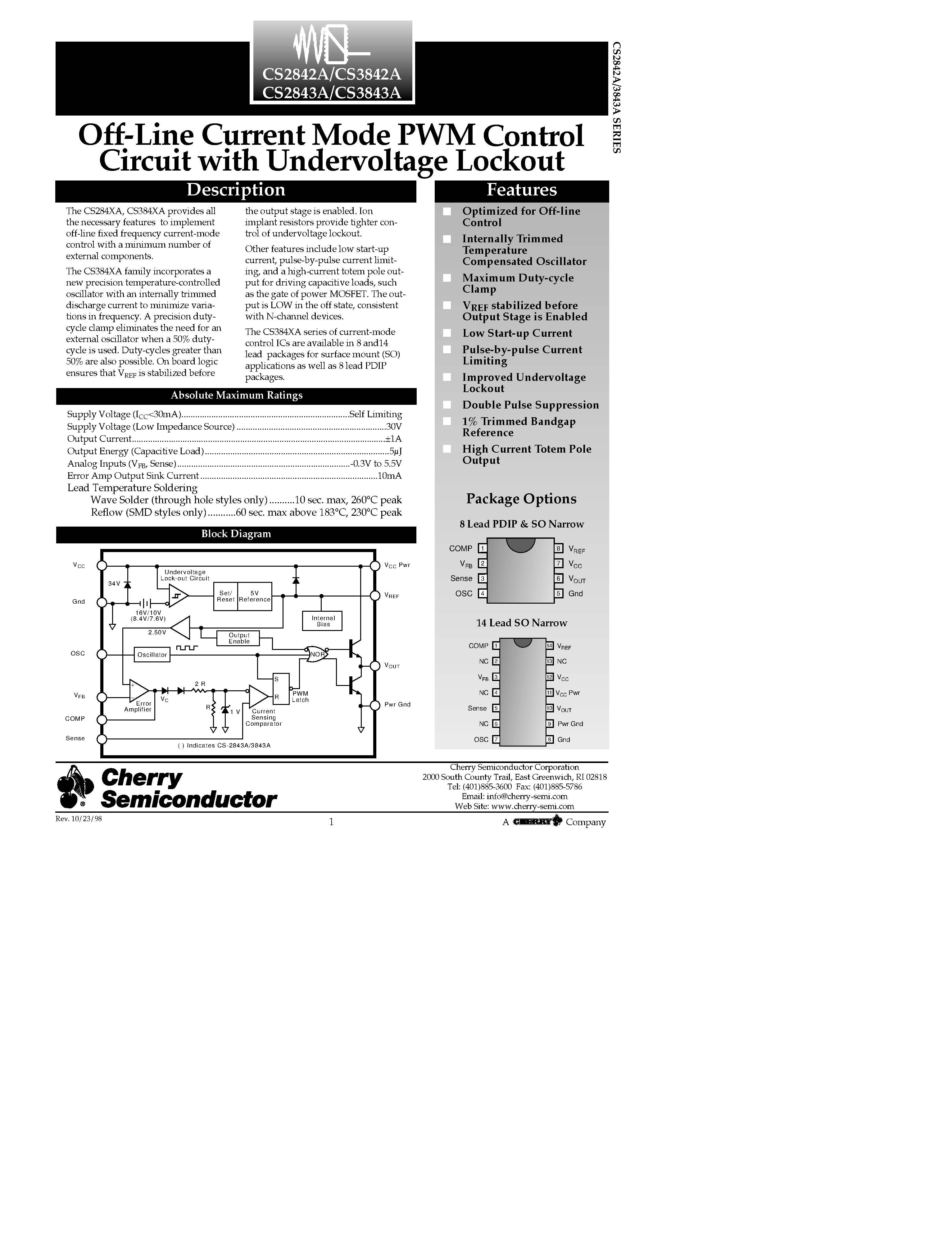Datasheet CS2842A - Off-Line Current Mode PWM Control Circuit with Undervoltage Lockout page 1