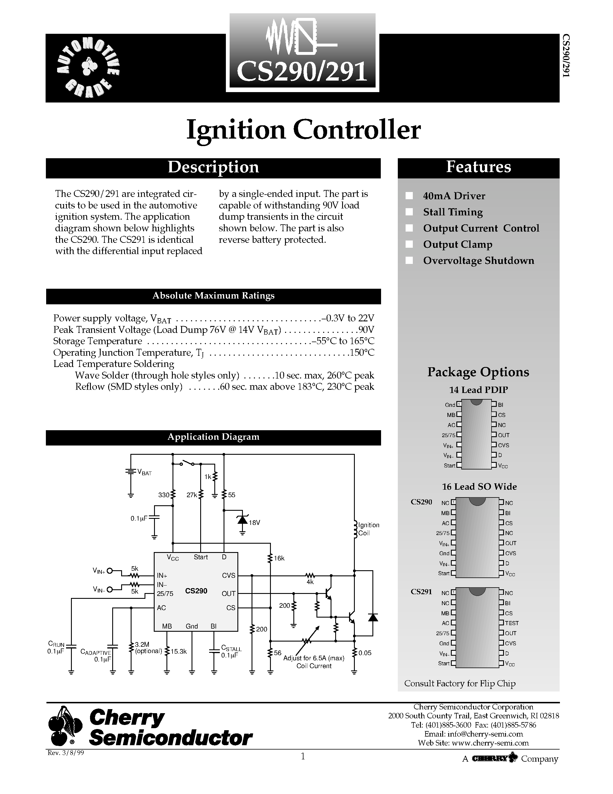 Datasheet CS291DWR16 - Ignition Controller page 1