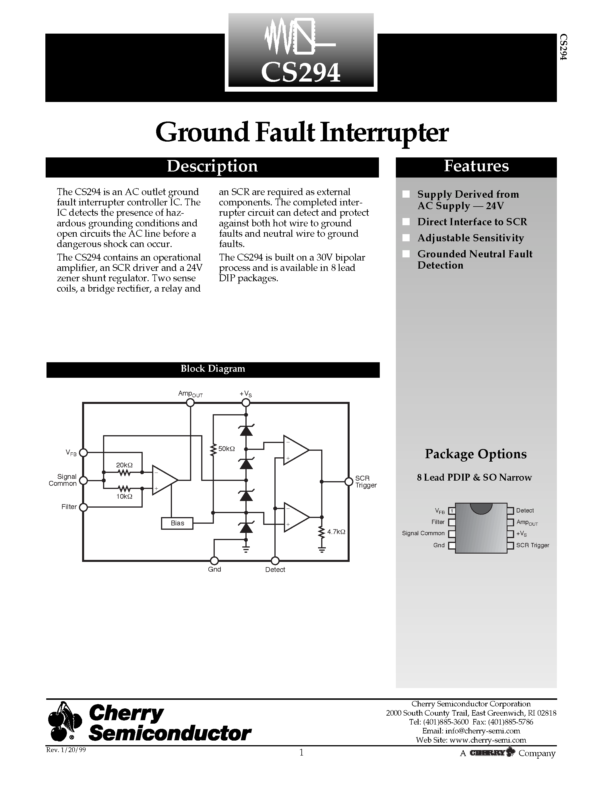 Даташит CS294GD8 - Ground Fault Interrupter страница 1