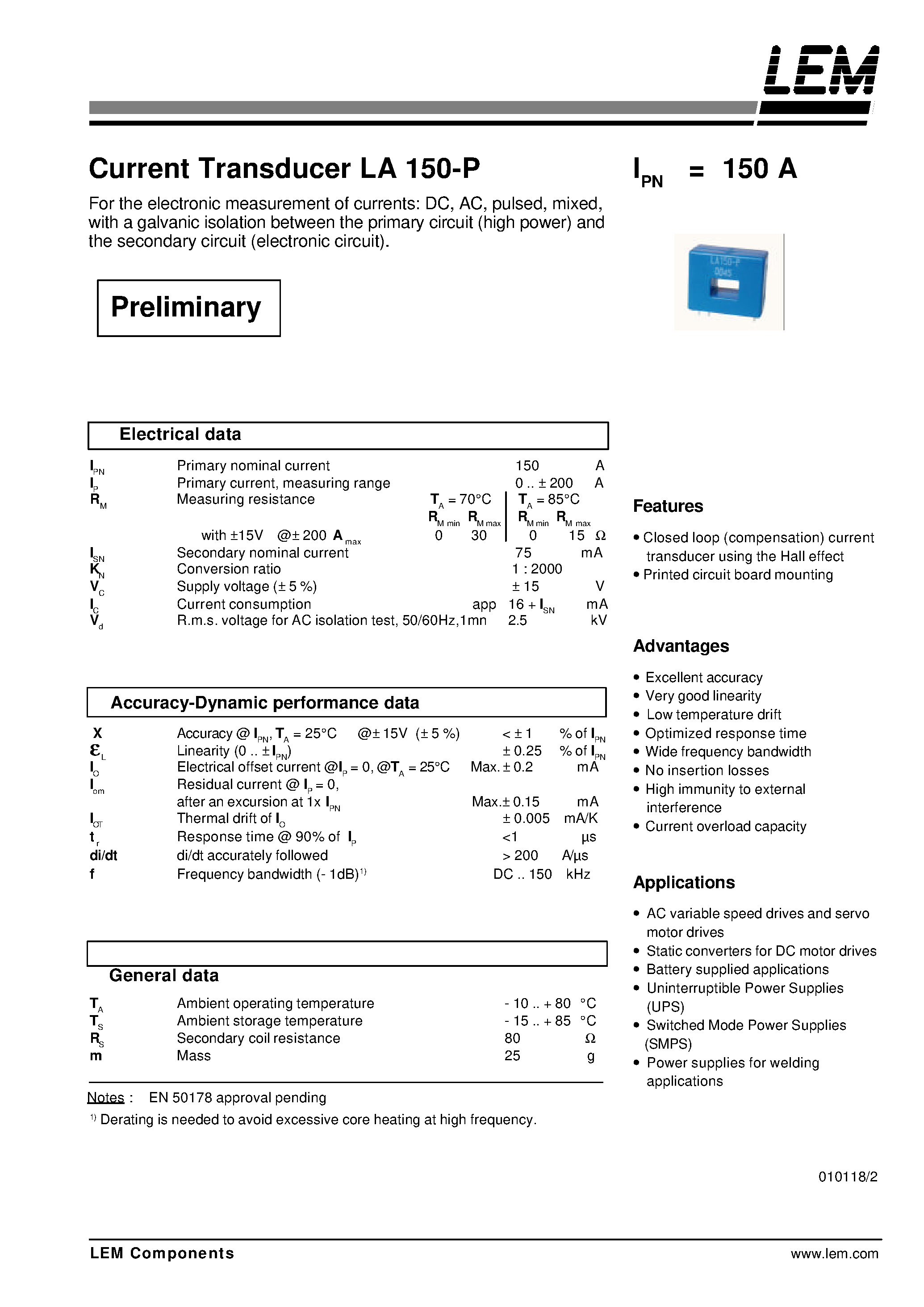 Datasheet LA150-P - Current Transducer LA 150-P page 1
