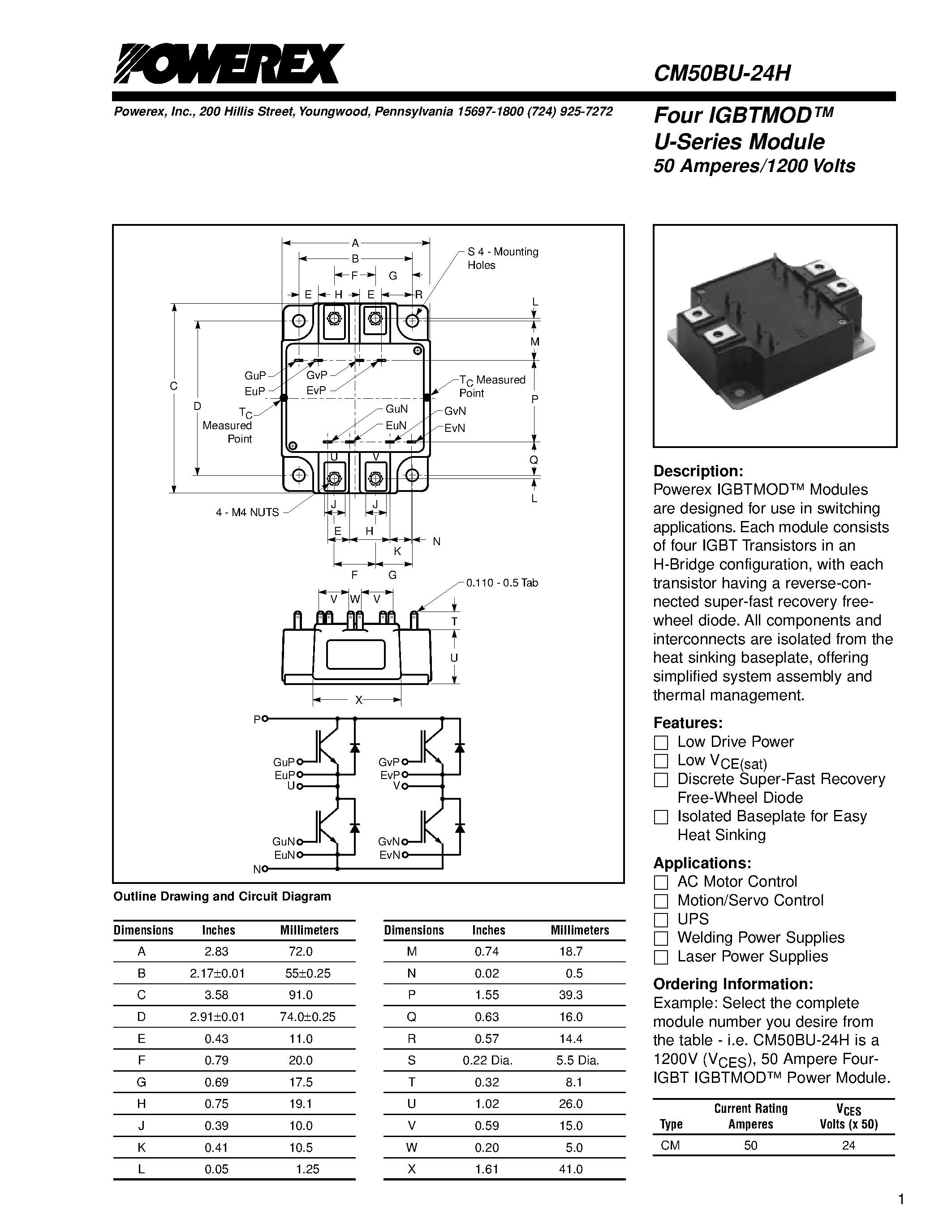 Даташит CM50BU-24H - Four IGBTMOD U-Series Module 50 Amperes/1200 Volts страница 1