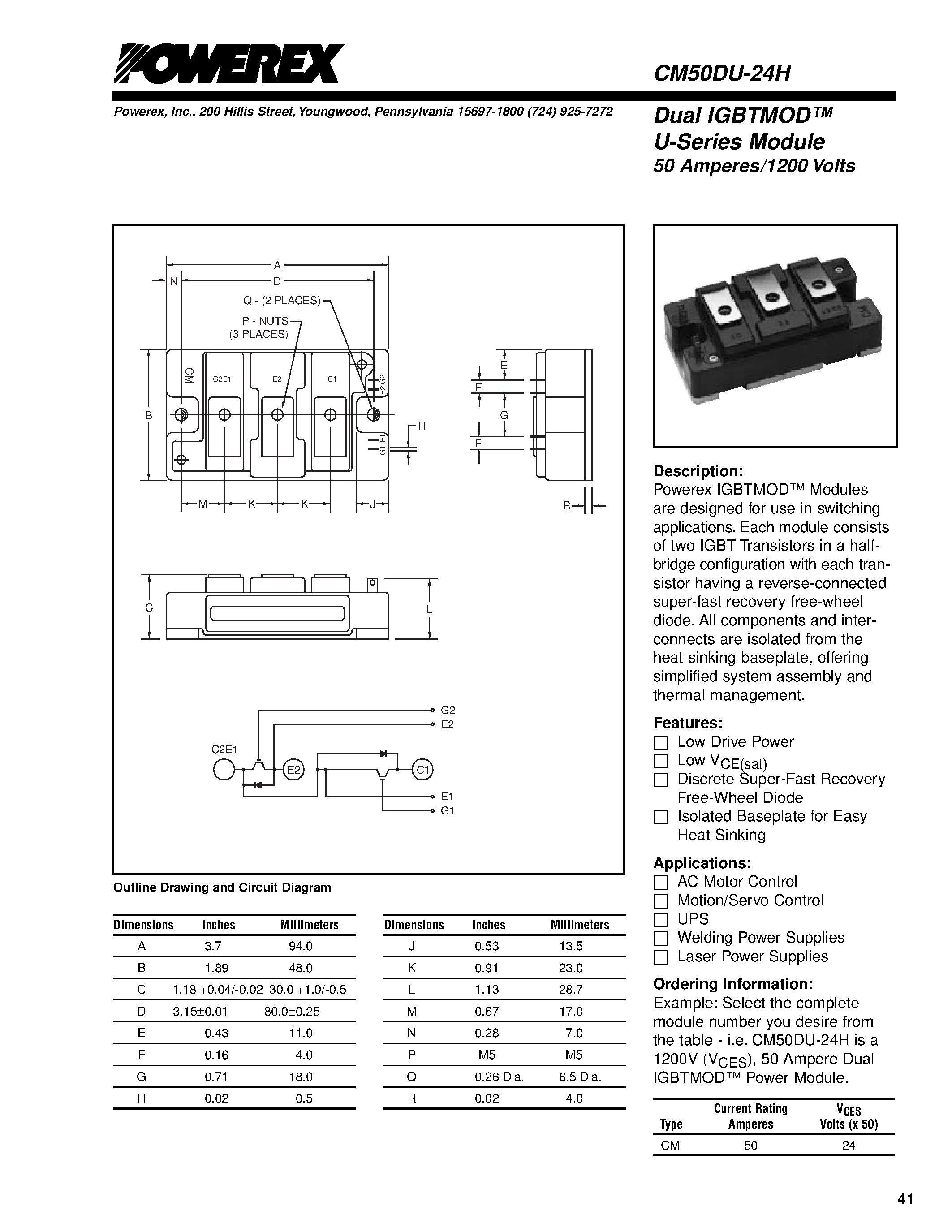 Даташит CM50DU-24H - Dual IGBTMOD U-Series Module 50 Amperes/1200 Volts страница 1