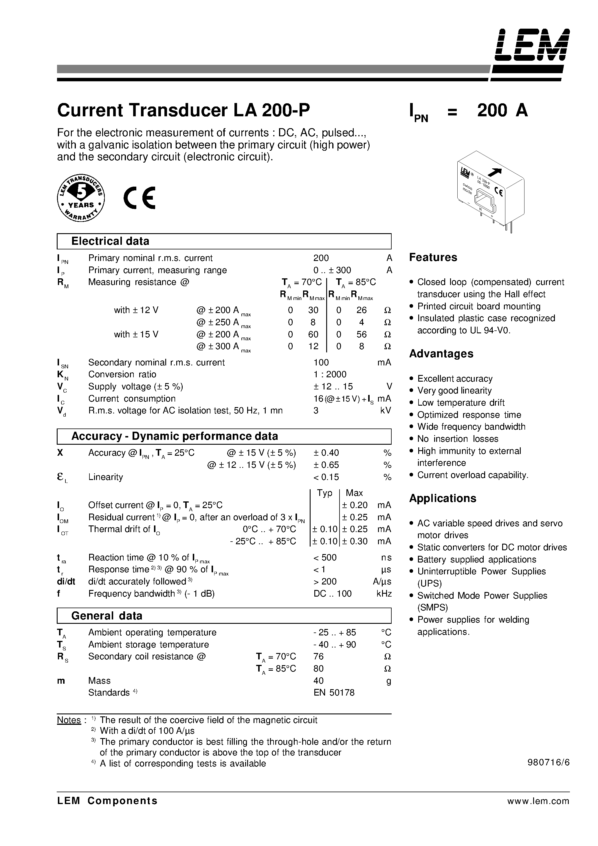 Datasheet LA200-P - Current Transducer LA 200-P page 1