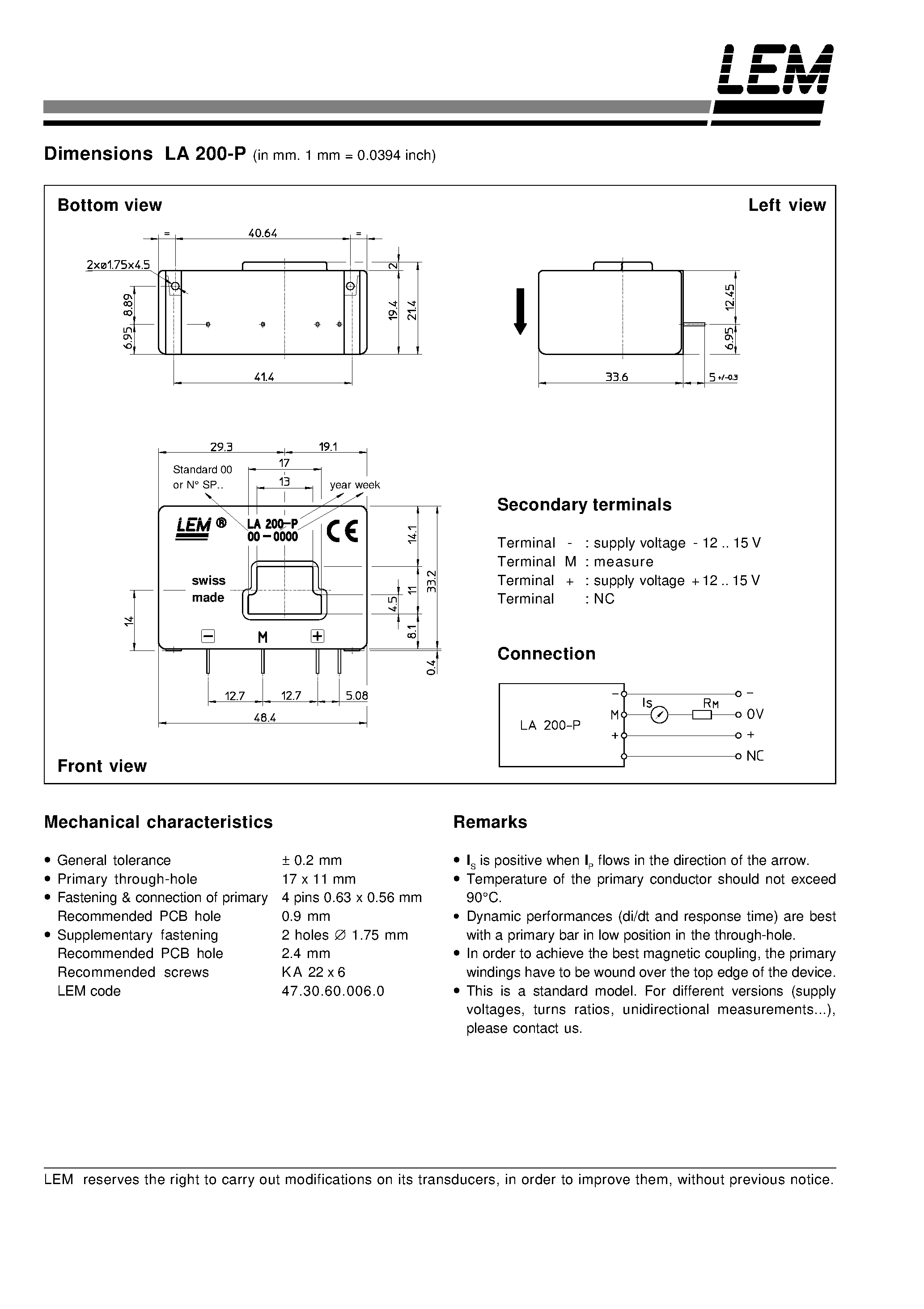 Даташит LA200-P - Current Transducer LA 200-P страница 2