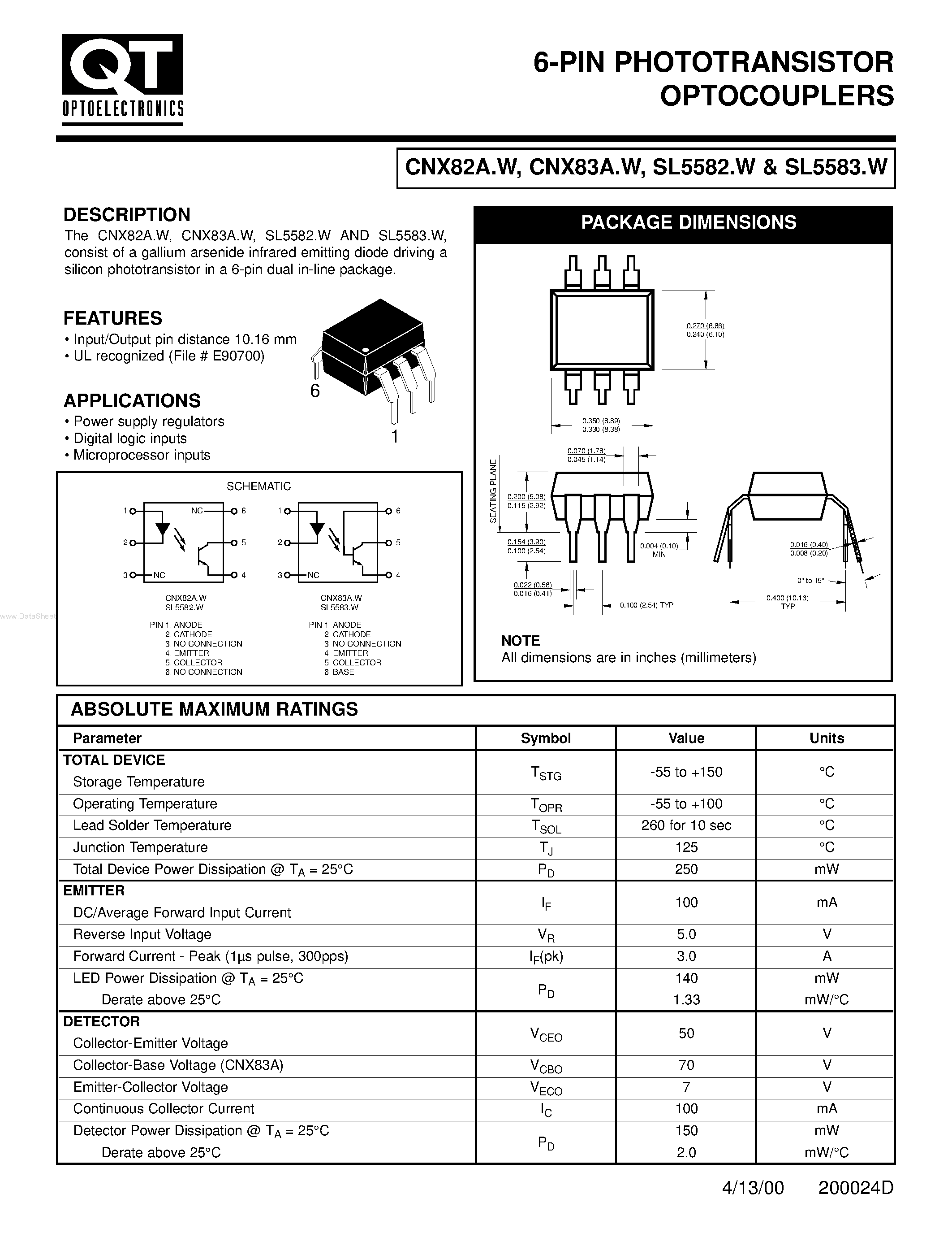 Даташит CNX83A.W - 6-pin phototransistor optocouplers страница 1