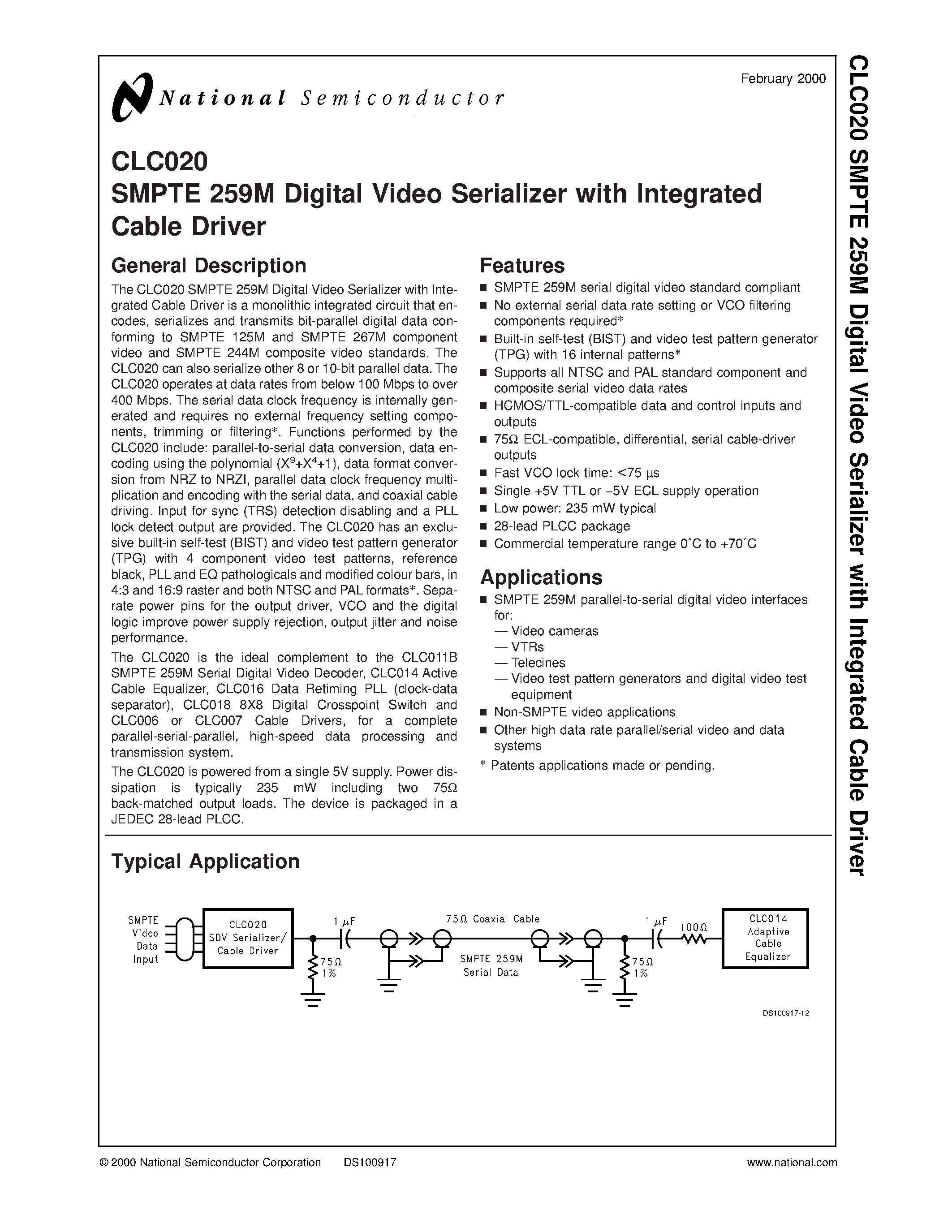 Datasheet CLC020 - SMPTE 259M Digital Video Serializer with Integrated Cable Driver page 1