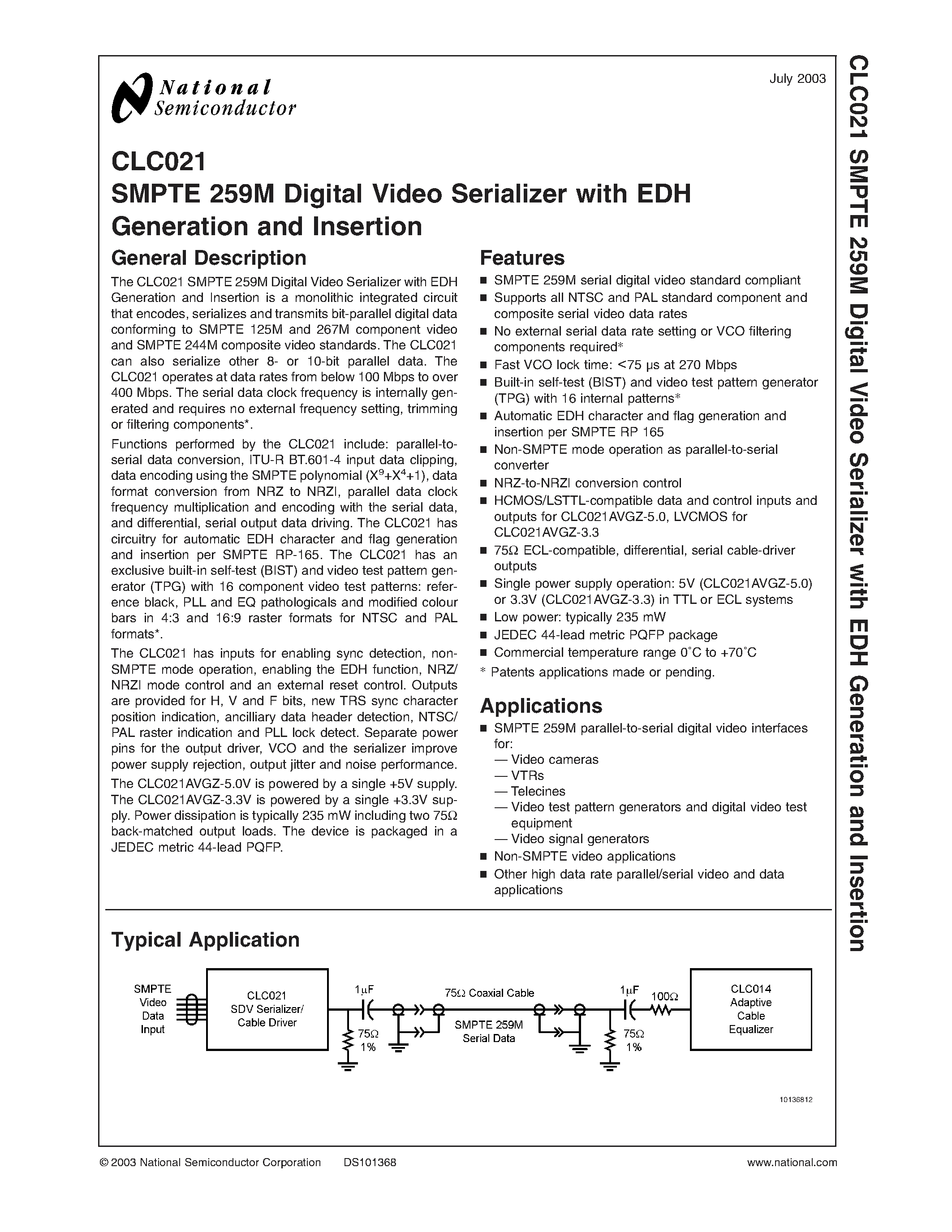 Datasheet CLC021AVGZ-3.3 - SMPTE 259M Digital Video Serializer with EDH Generation and Insertion page 1