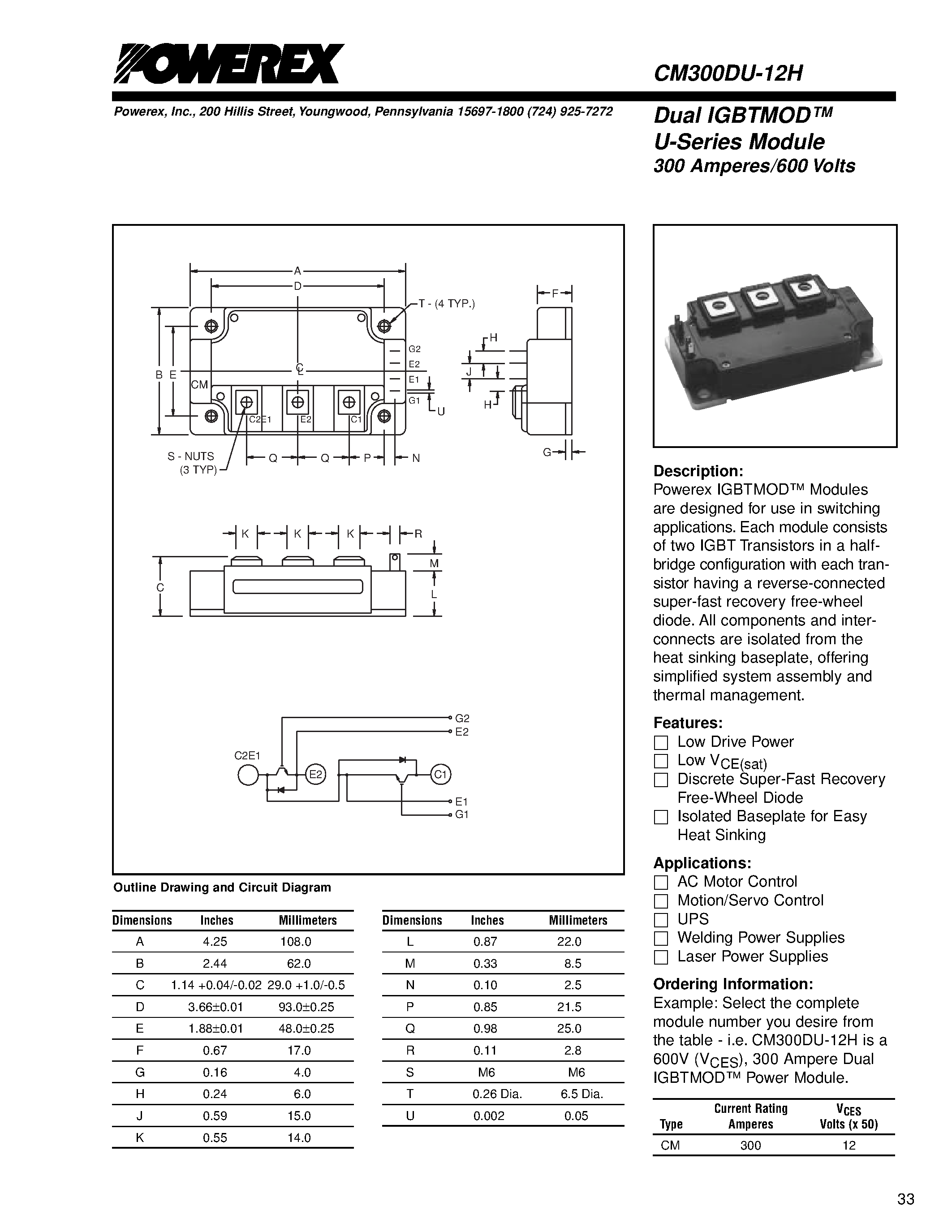 Datasheet CM300DU-12H - Dual IGBTMOD U-Series Module 300 Amperes/600 Volts page 1