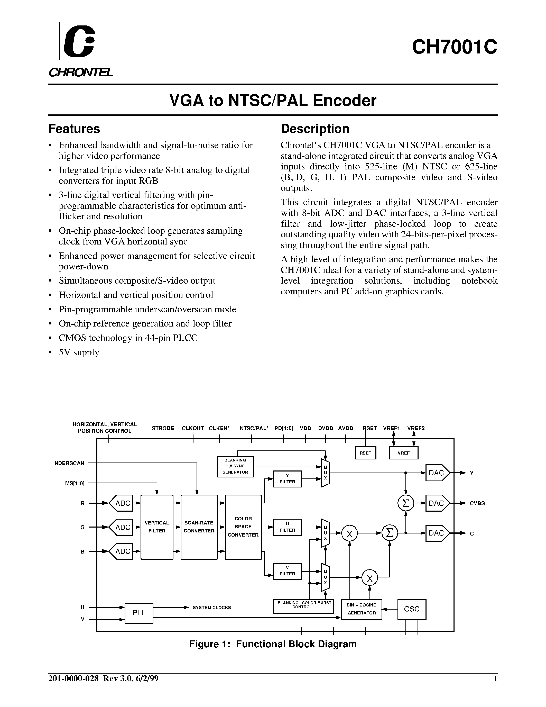 Даташит CH7001C-V - VGA to NTSC/PAL Encoder страница 1