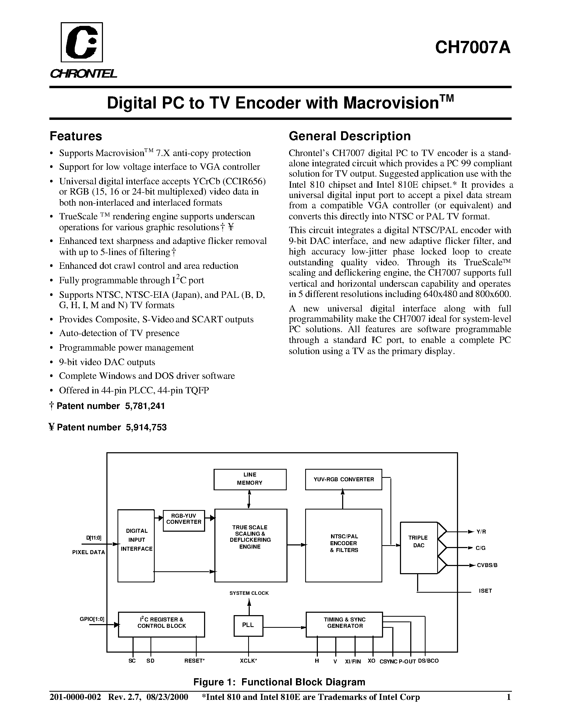 Даташит CH7007A-V - DIGITAL PC TO TV ENCODER WITH MACROVISION страница 1