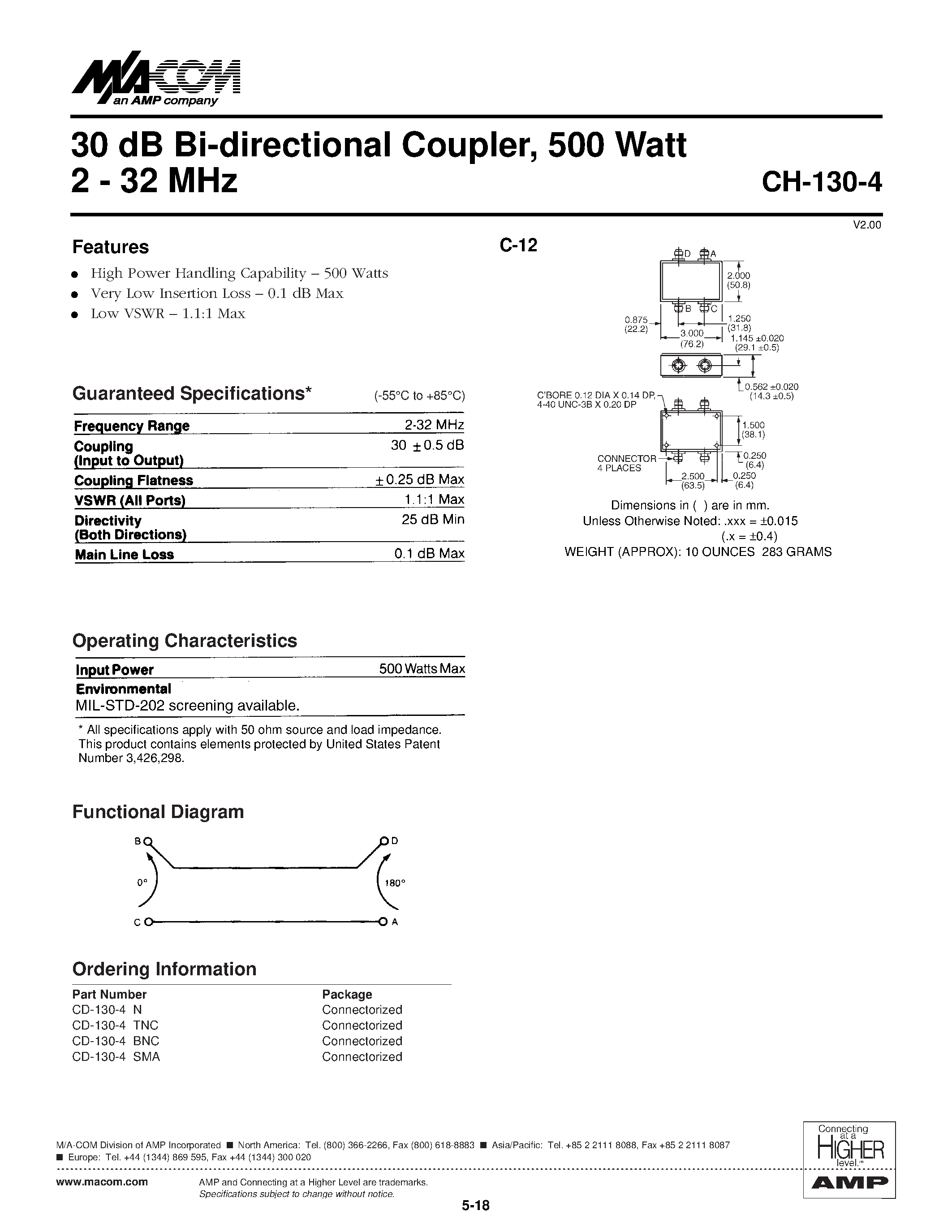 Даташит CD-130-4 SMA - 30 dB Bi-directional Coupler/ 500 Watt 2 - 32 MHz страница 1