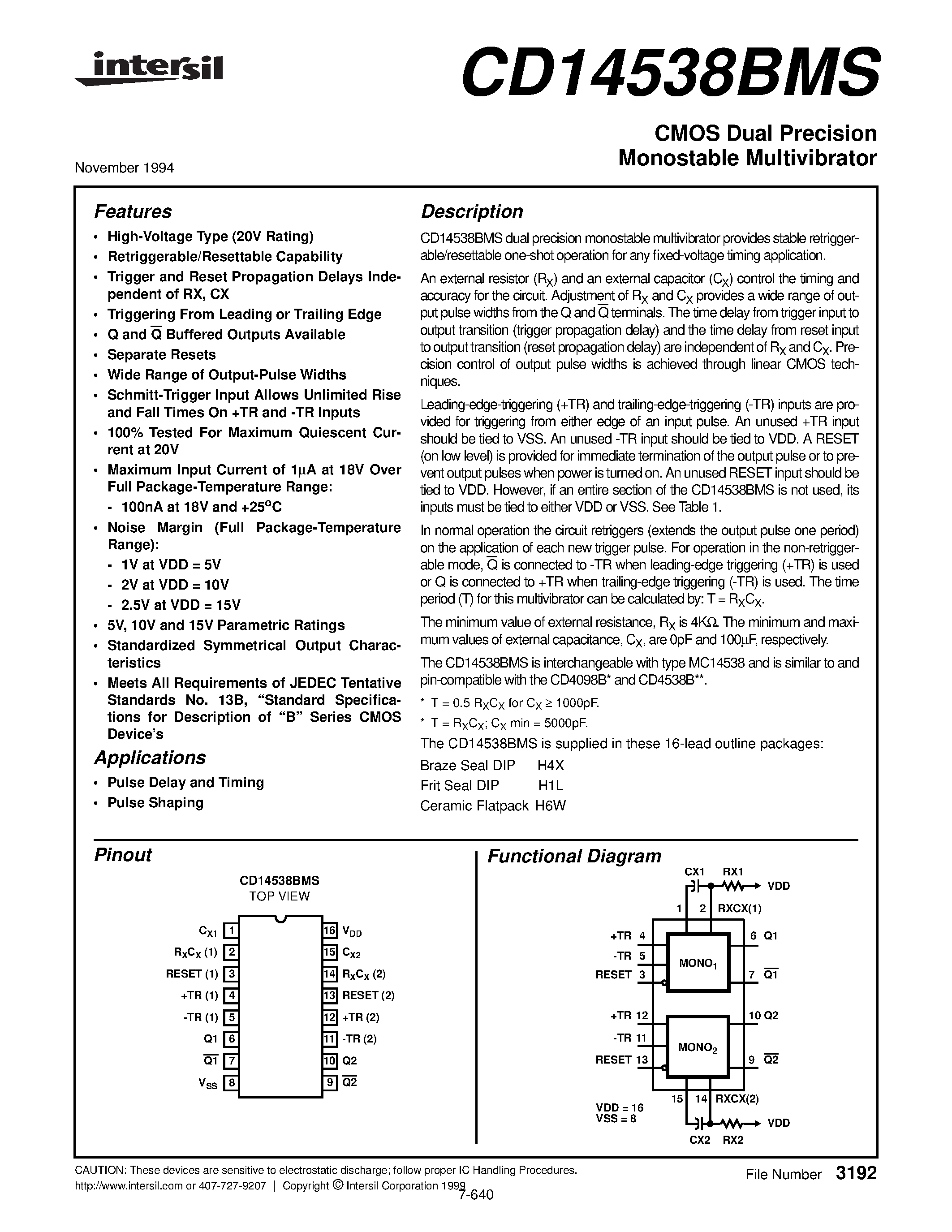 Даташит CD14538BMS - CMOS Dual Precision Monostable Multivibrator страница 1
