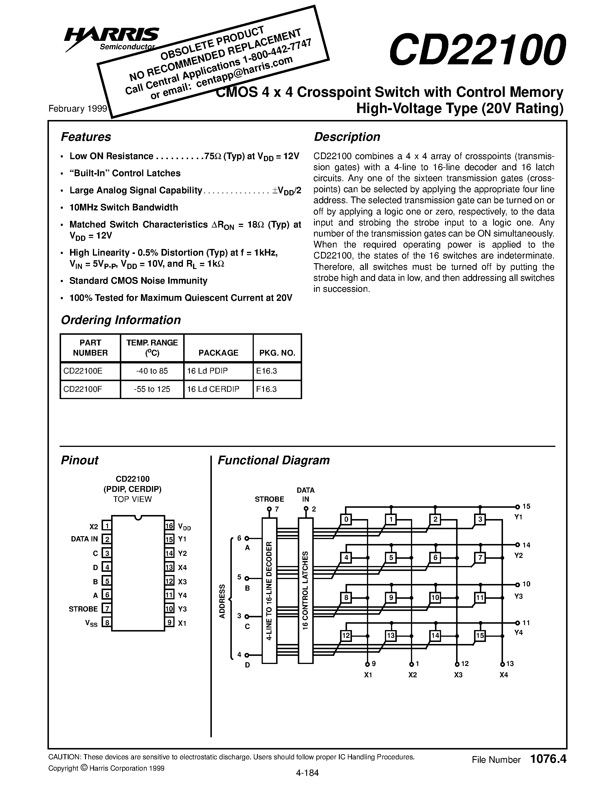 Datasheet CD22100 - CMOS 4 x 4 Crosspoint Switch with Control Memory High-Voltage Type (20V Rating) page 1