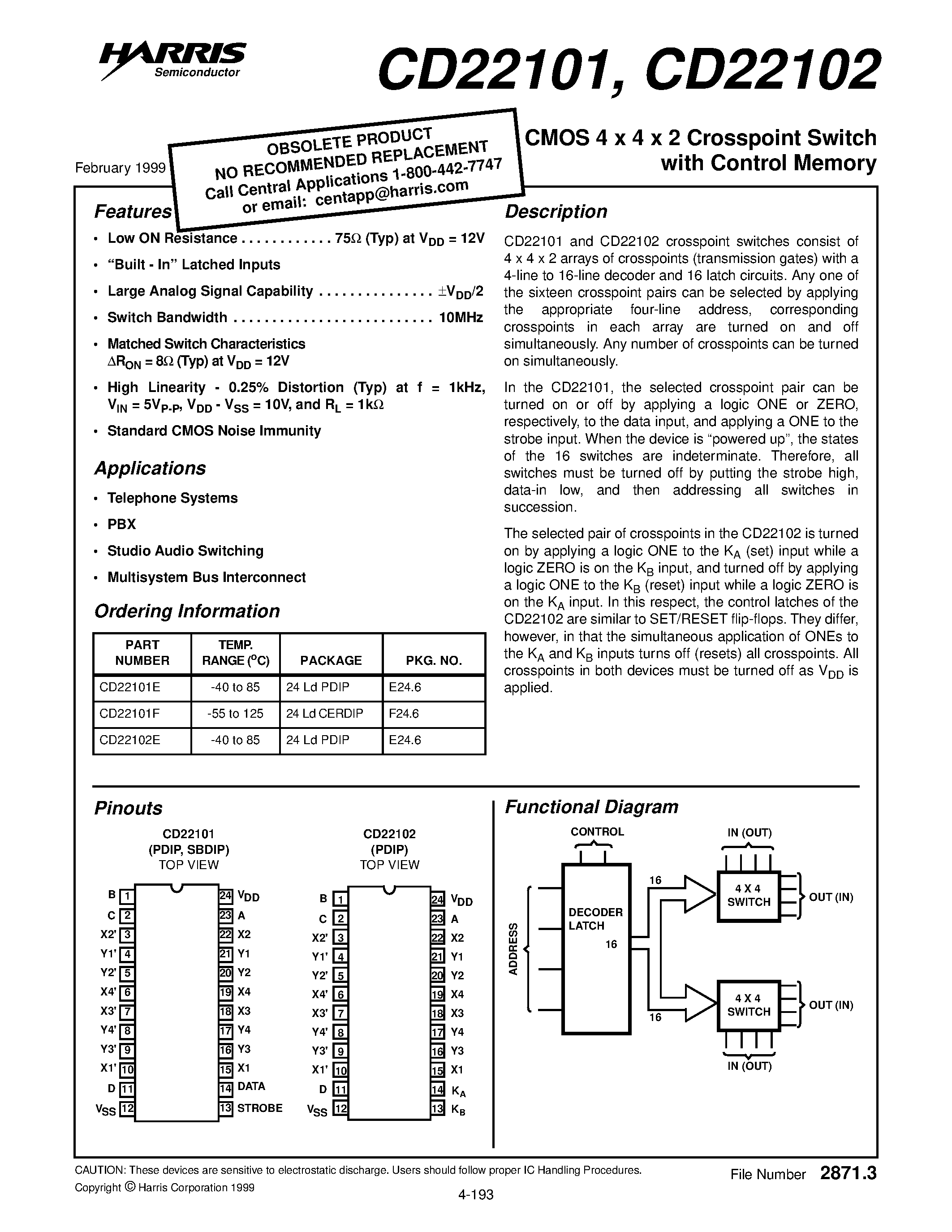 Даташит CD22101E - CMOS 4 x 4 x 2 Crosspoint Switch with Control Memory страница 1