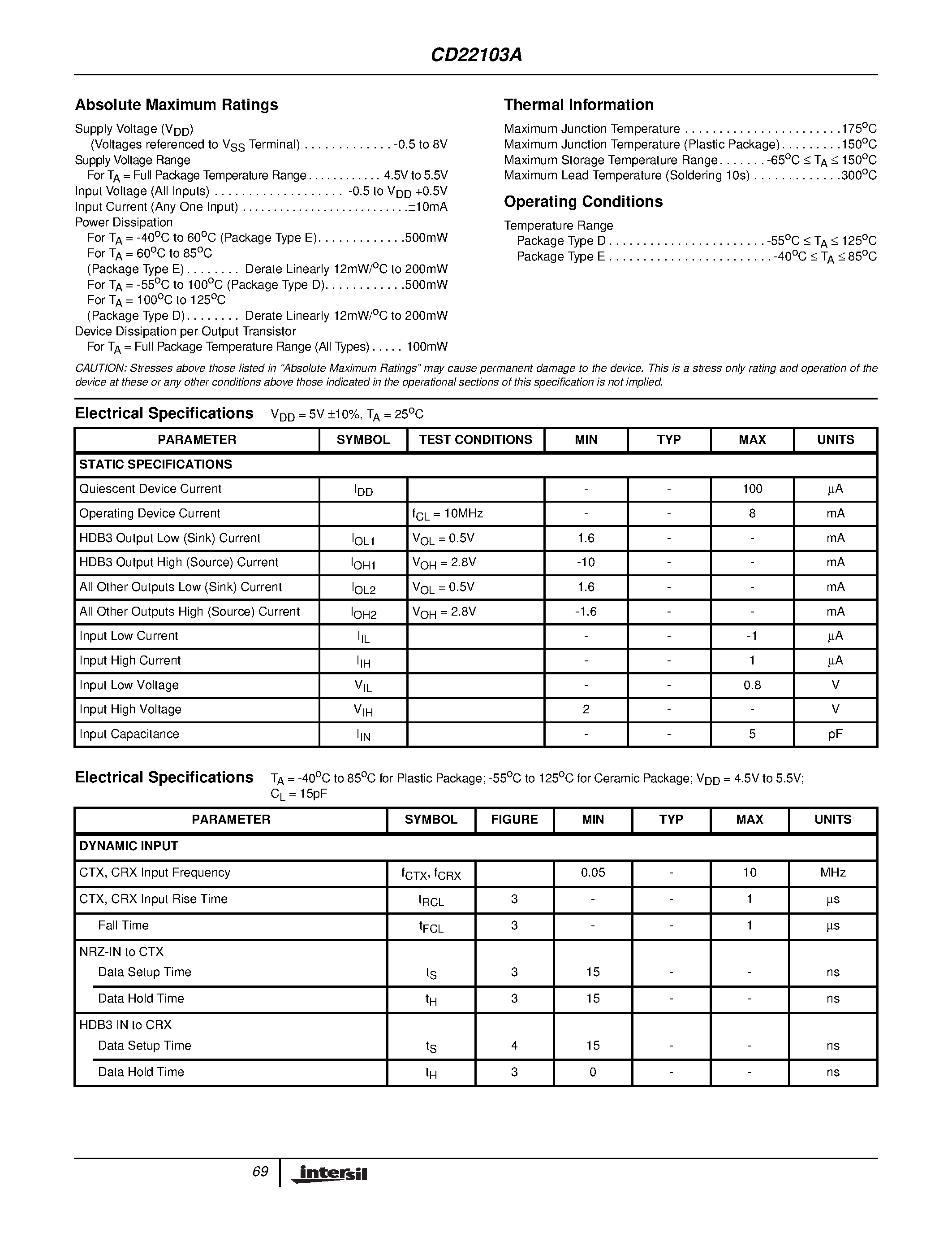 Datasheet CD22103AE - CMOS HDB3 High Density Bipolar 3 Transcoder for 2.048/8.448Mb/s Transmission Applications page 2