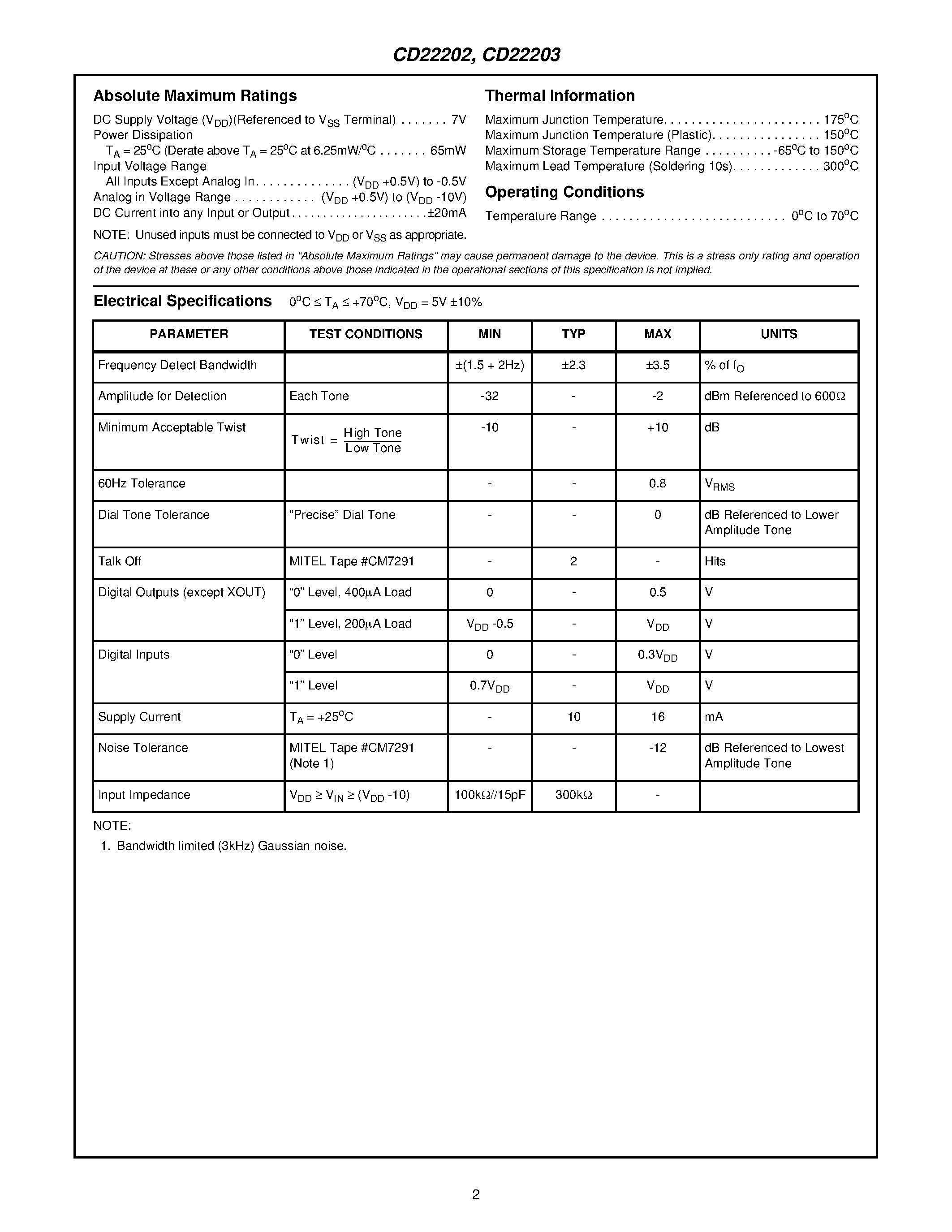 Datasheet CD22202 - 5V Low Power DTMF Receiver page 2