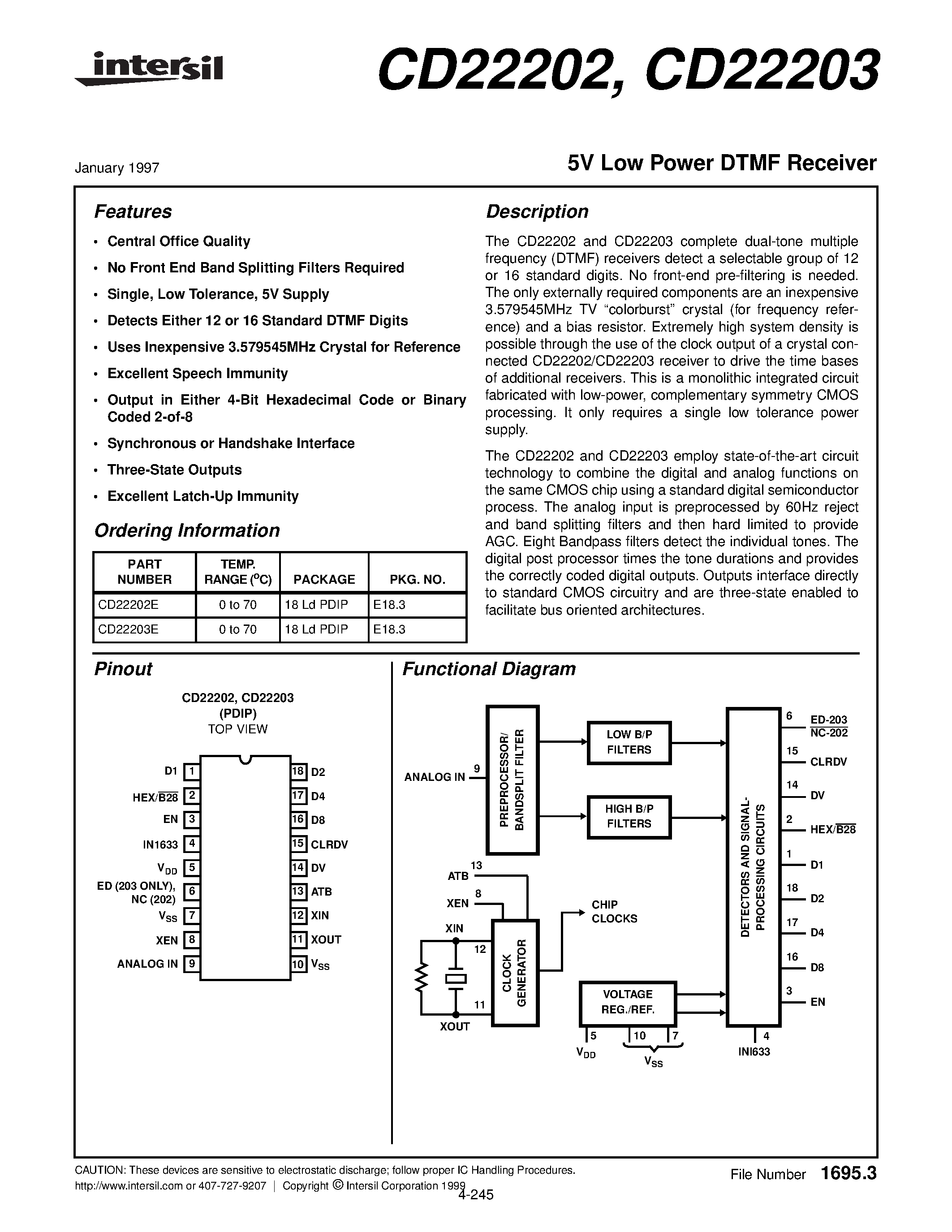 Datasheet CD22203 - 5V Low Power DTMF Receiver page 1