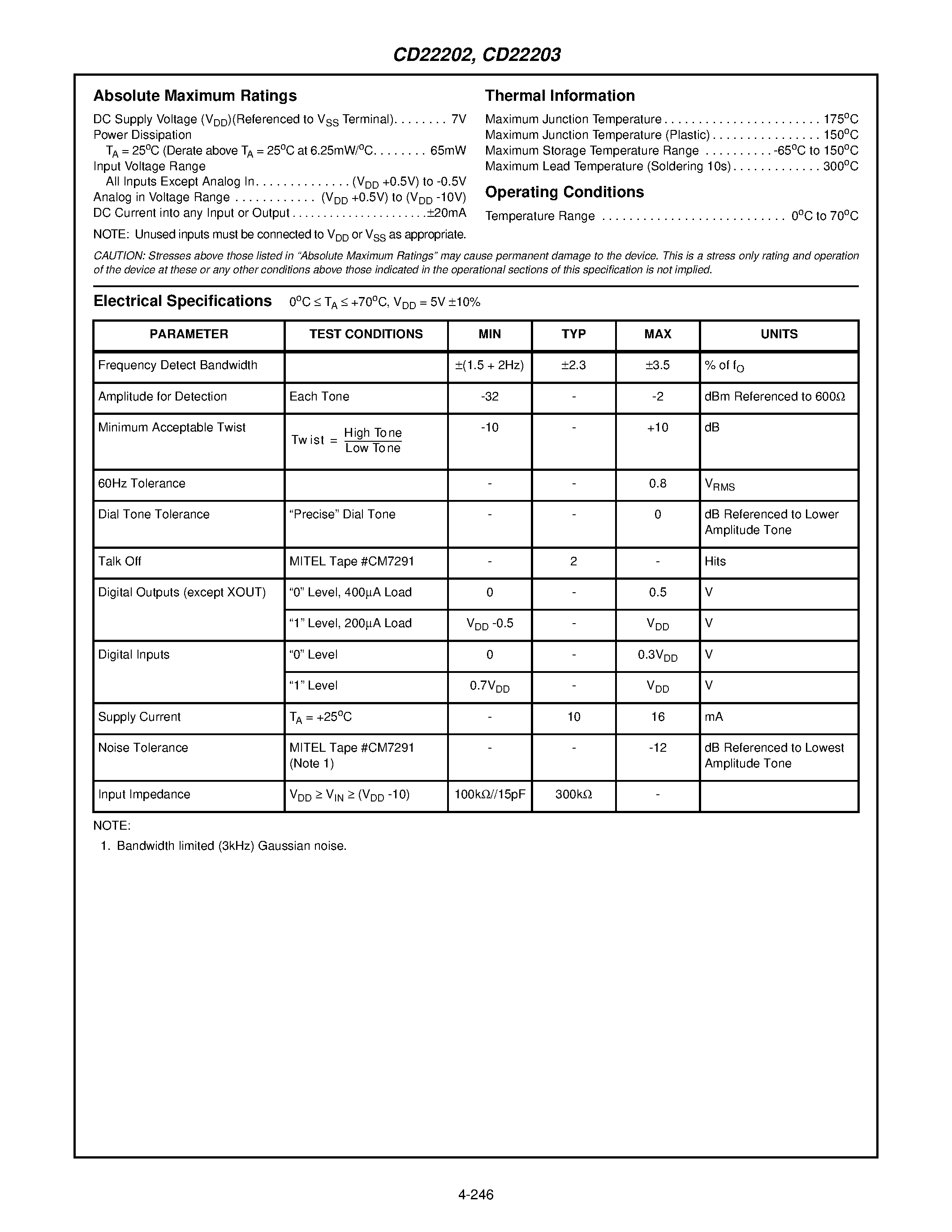 Datasheet CD22203 - 5V Low Power DTMF Receiver page 2