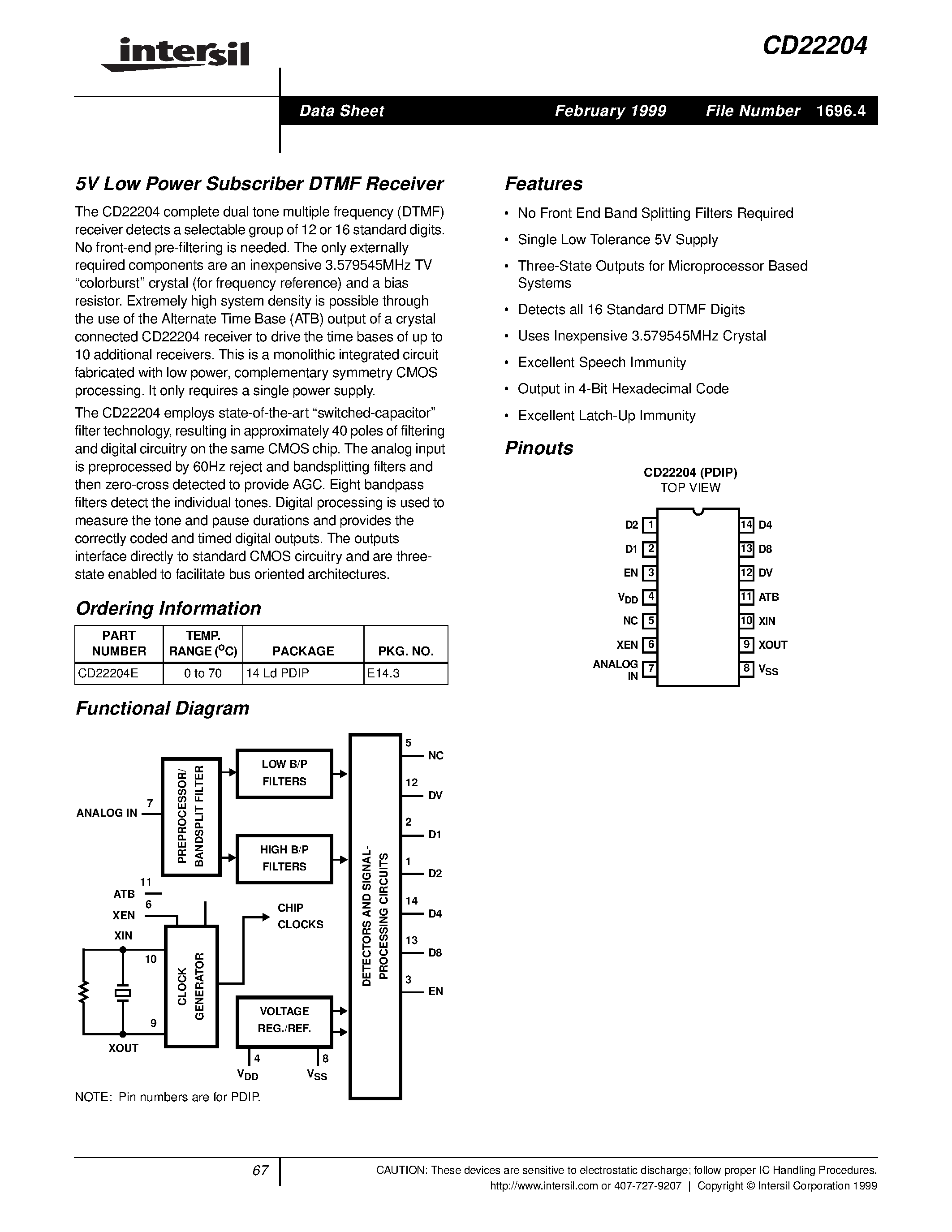 Datasheet CD22204 - 5V Low Power Subscriber DTMF Receiver page 1
