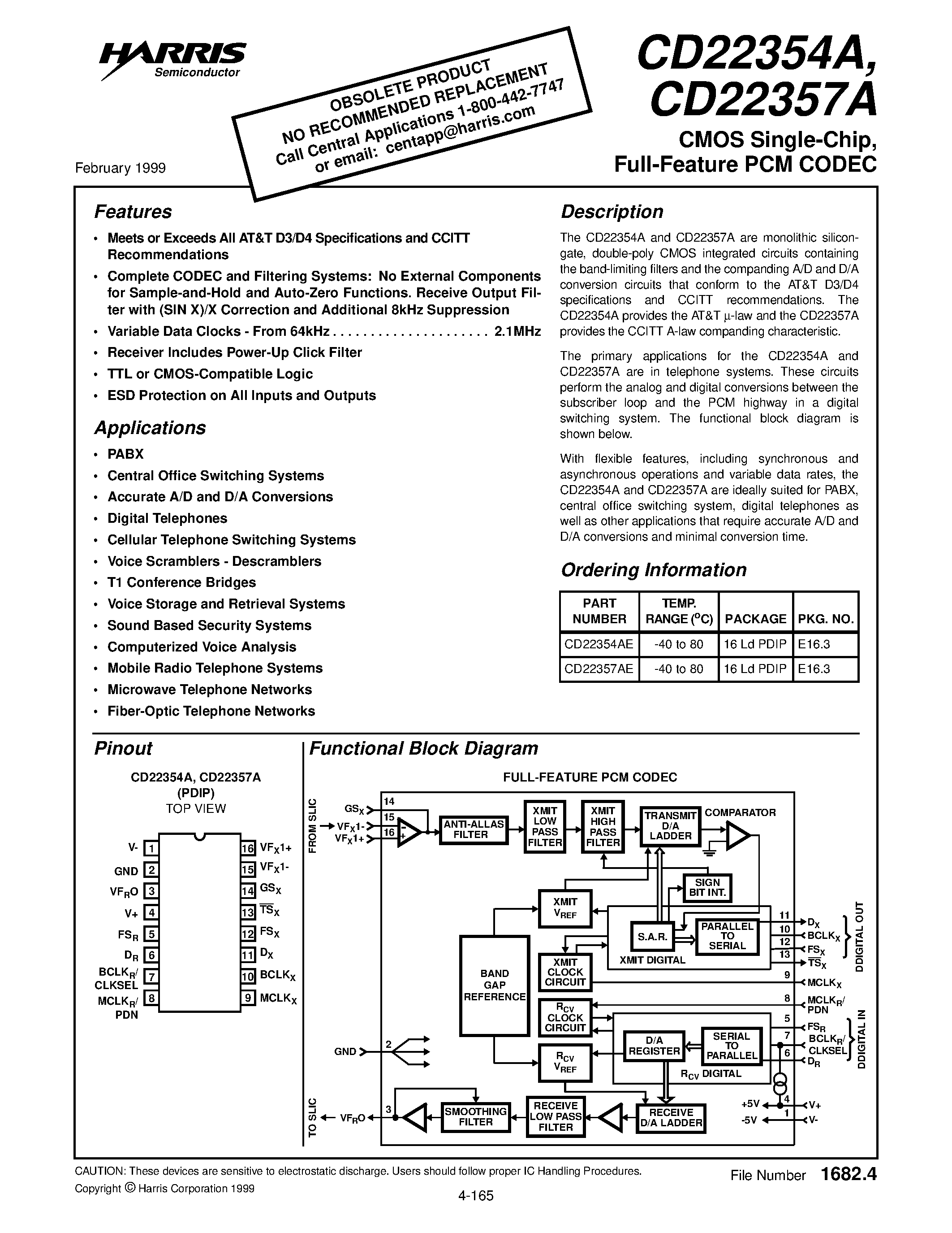 Даташит CD22354A - CMOS Single-Chip/ Full-Feature PCM CODEC страница 1