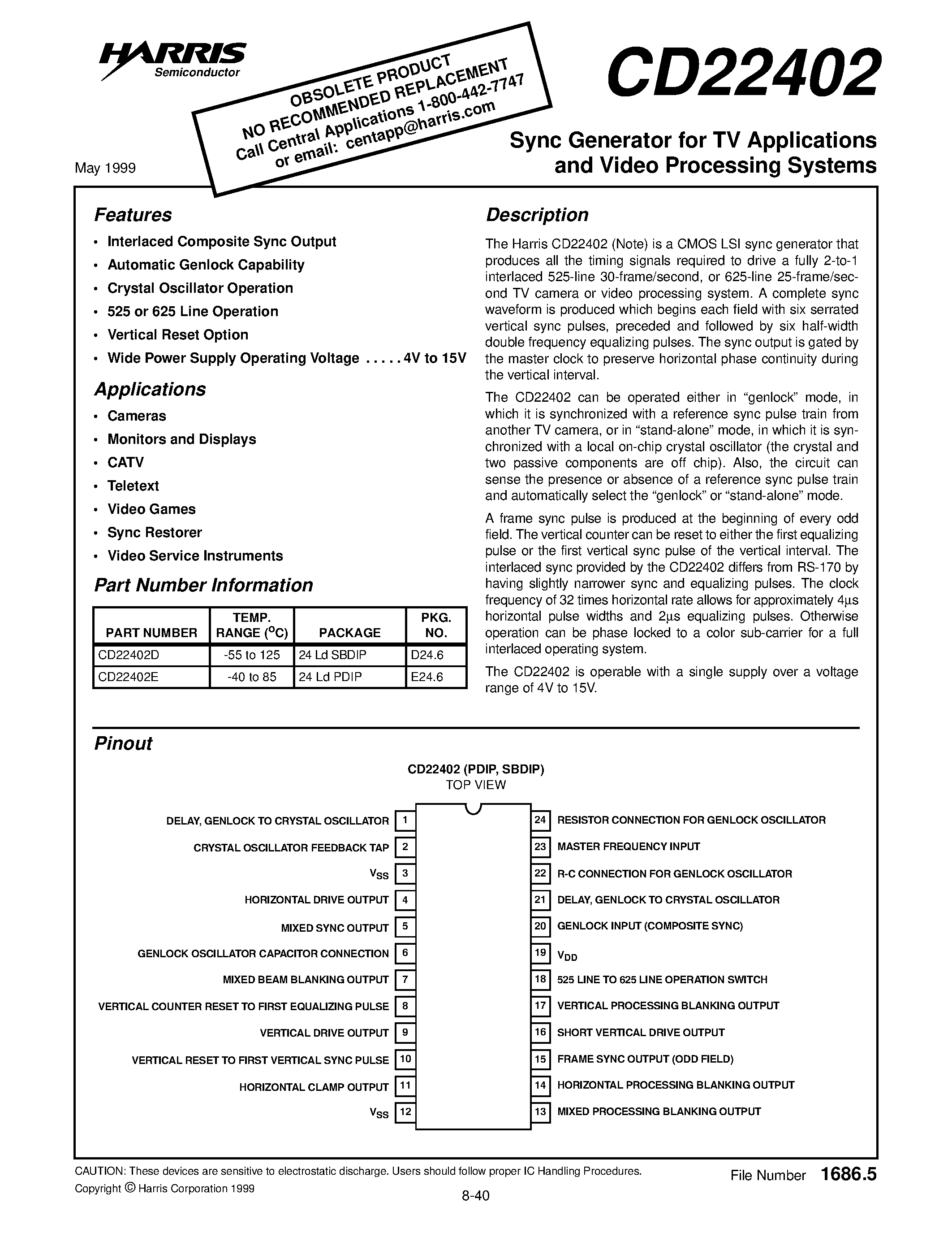 Datasheet CD22402 - Sync Generator for TV Applications and Video Processing Systems page 1
