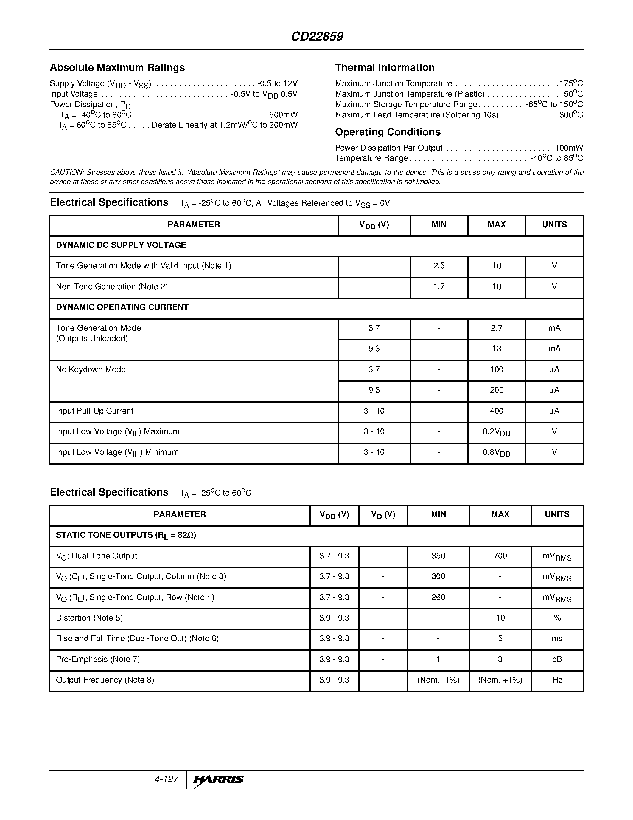 Datasheet CD22859E - Monolithic Silicon COS/MOS Dual-Tone Multifrequency Tone Generator page 2