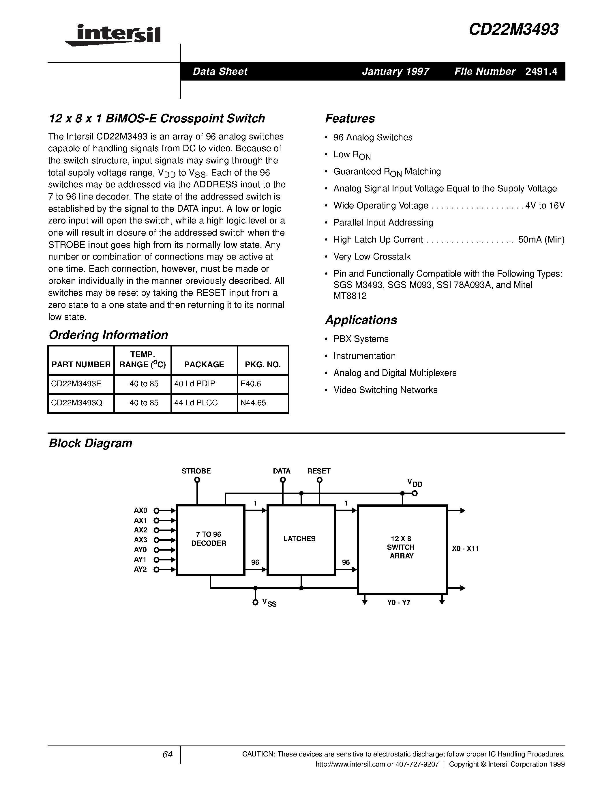 Даташит CD22M3493 - 12 x 8 x 1 BiMOS-E Crosspoint Switch страница 1