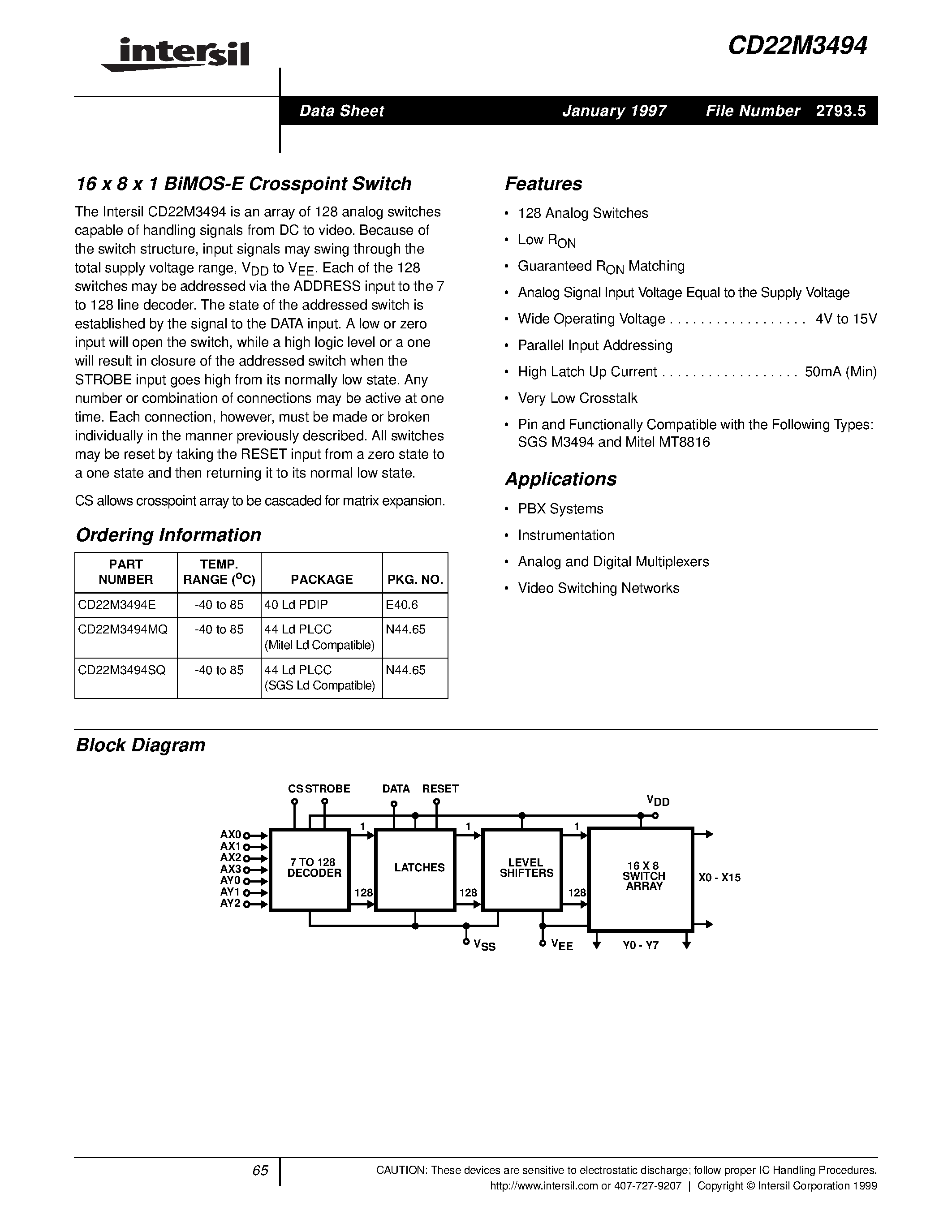 Datasheet CD22M3494 - 16 x 8 x 1 BiMOS-E Crosspoint Switch page 1