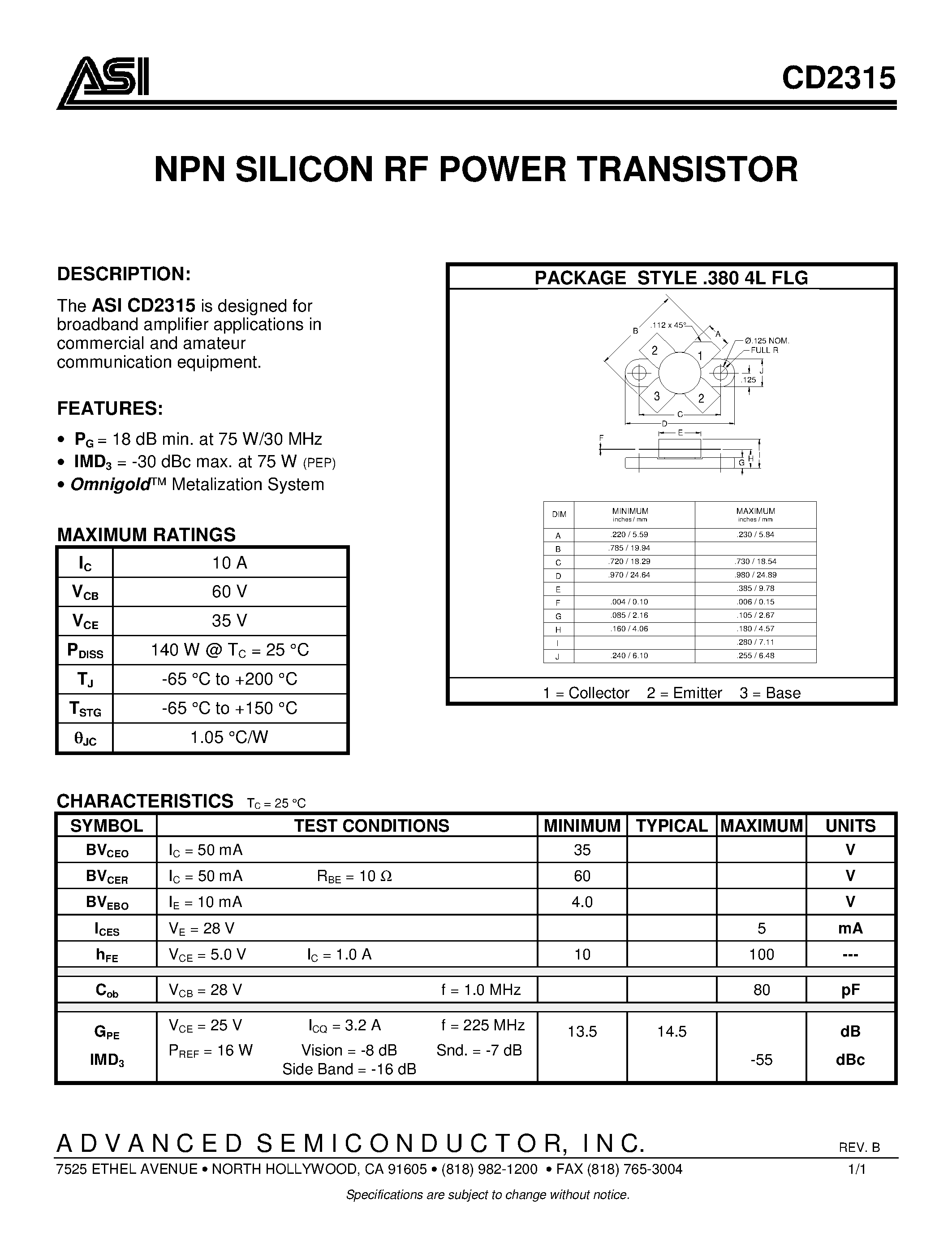 Даташит CD2315 - NPN SILICON RF POWER TRANSISTOR страница 1