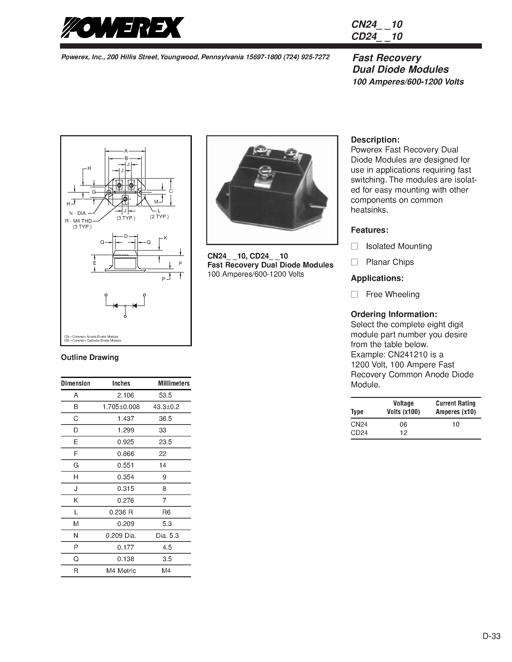 Datasheet CD240610 - Fast Recovery Dual Diode Modules 100 Amperes/600-1200 Volts page 1