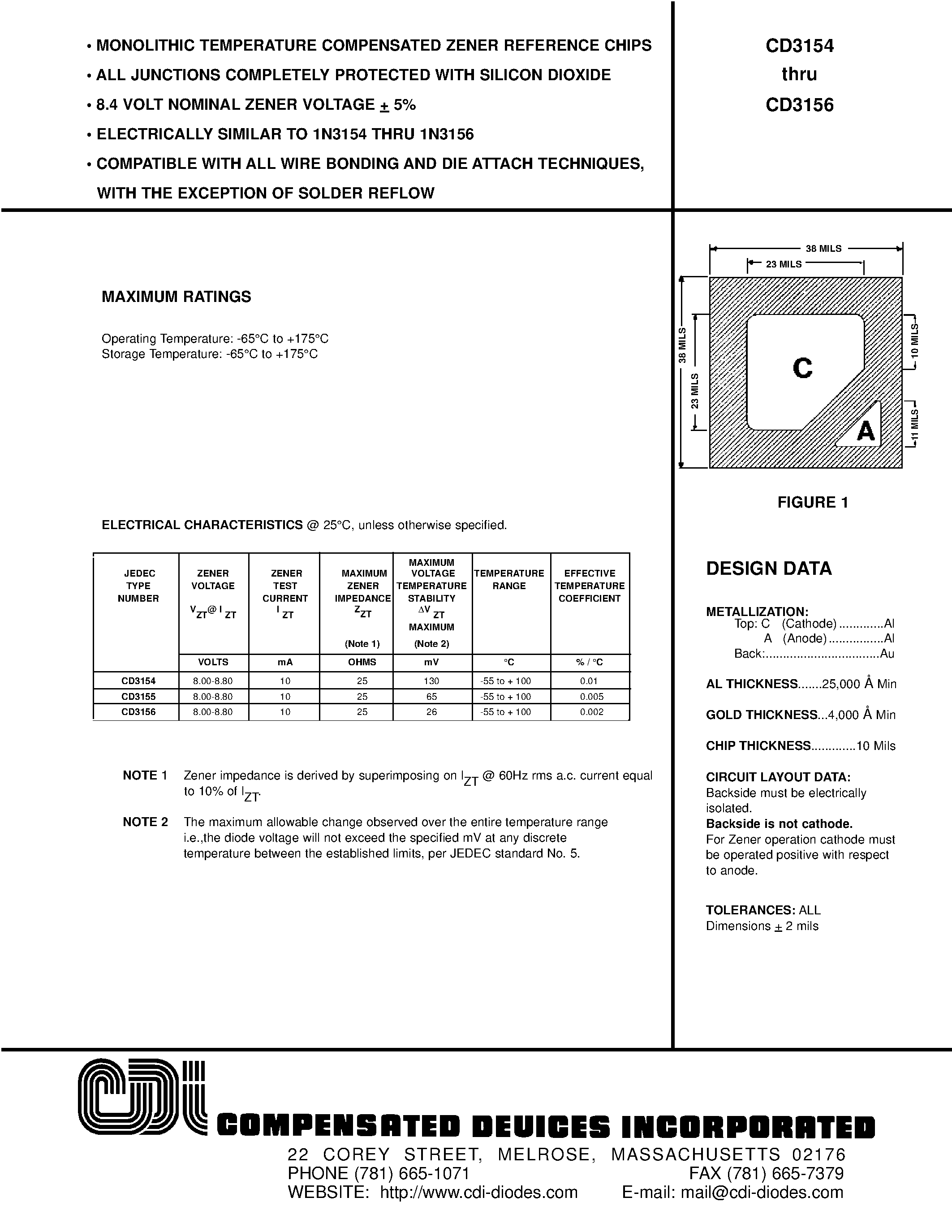 Datasheet CD3154 - 8.4 VOLT NOMINAL ZENER VOLTAGE + 5% page 1