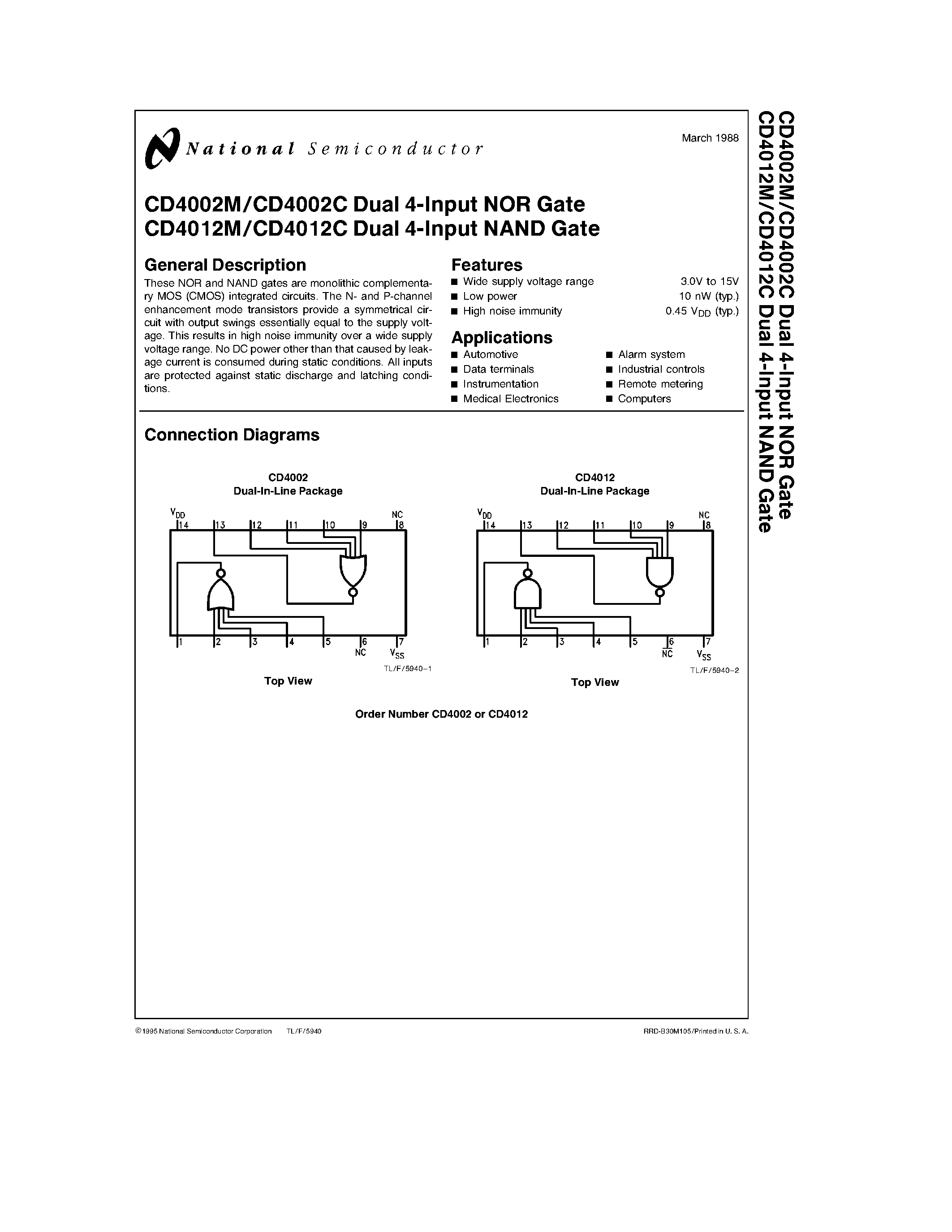 Datasheet CD4012C - Dual 4-Input NOR(NAND) Gate page 1