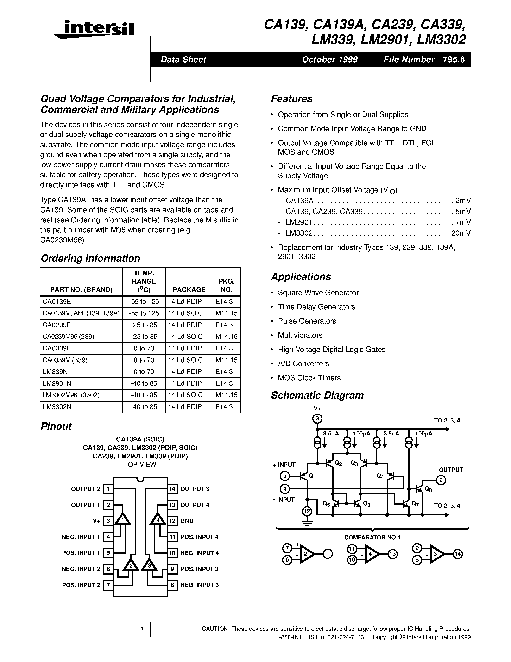 Datasheet CA339 - Quad Voltage Comparators for Industrial/ Commercial and Military Applications page 1